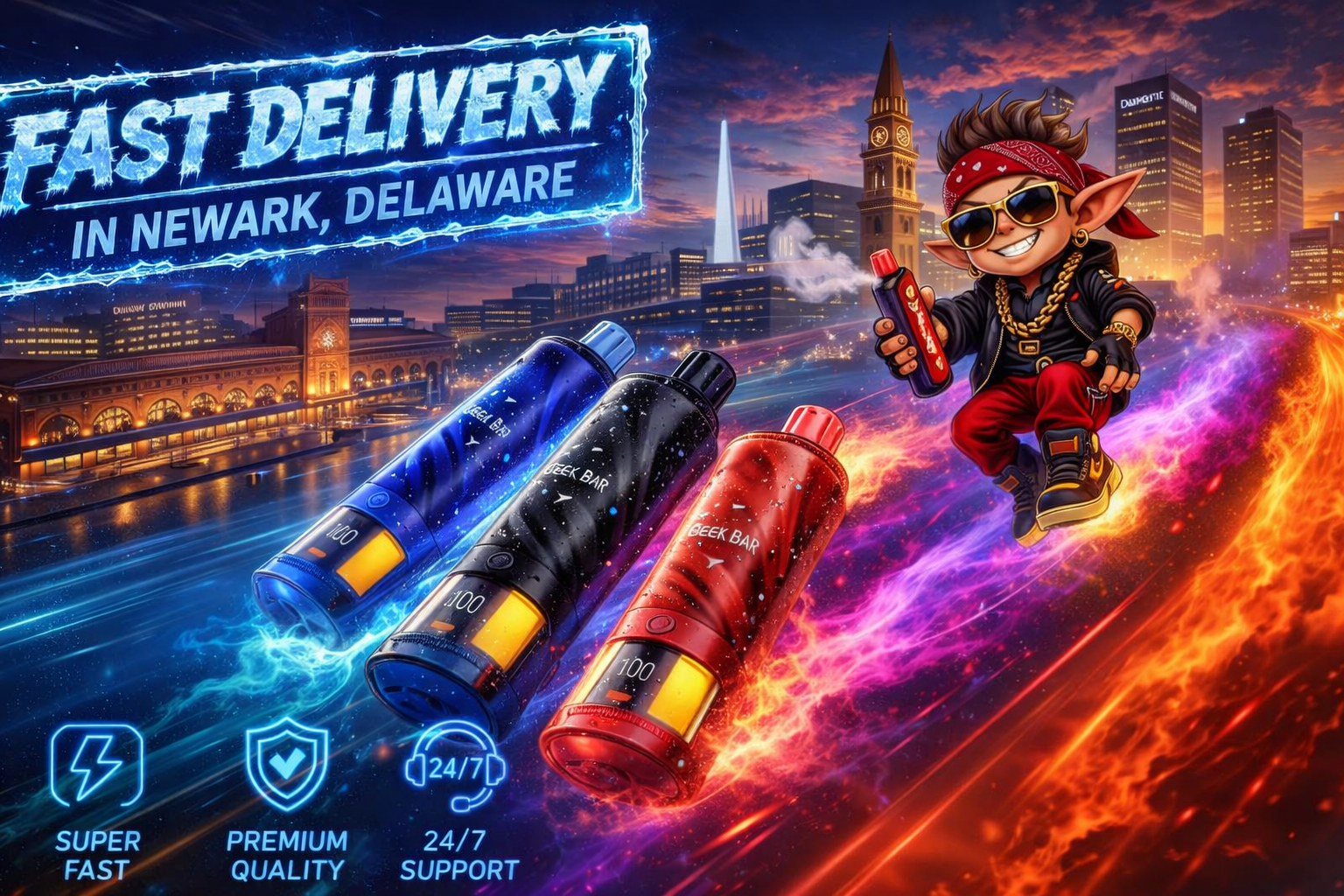 A vivid digital illustration shows a futuristic cityscape of Newark, Delaware, glowing under a sunset sky with neon reflections on the river. In the foreground, three large Geek Bar vape devices—blue, black, and red—appear covered in water droplets, surrounded by colorful energy trails. A cartoon character wearing sunglasses, a red bandana, and gold chains rides a hoverboard while holding a red vape, exhaling vapor with a confident grin. The image features bold text reading “Fast Delivery in Newark, Delaware” and icons for super‑fast service, premium quality, and 24/7 support, creating a dynamic, high‑energy promotional scene.