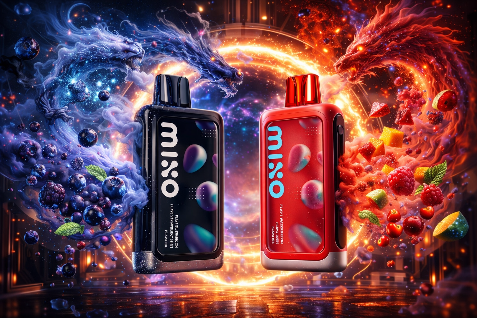 Two vape devices labeled “mixo” stand side by side in a dramatic fantasy setting filled with swirling energy and color. The left device, in dark blue and black, is surrounded by misty blue smoke forming a dragon made of blueberries, blackberries, and mint leaves, symbolizing cool berry flavors. The right device, in bright red, is enveloped by fiery orange smoke shaped like a dragon with raspberries, mango cubes, and watermelon pieces, representing warm tropical notes. The composition contrasts ice and fire, creating a powerful visual of flavor intensity and elemental balance.