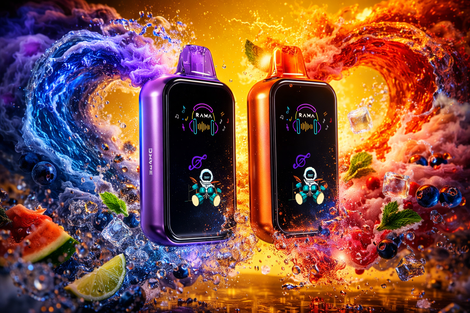 Two sleek vape devices stand side by side in a vivid, high‑energy composition of swirling color and motion. The left device, in metallic purple, and the right one, in bright orange, both feature digital screens displaying neon graphics of headphones, music notes, and a drumming astronaut labeled “RAMA.” Behind them, dynamic waves of blue and red liquid form a heart‑shaped pattern surrounded by splashes, ice cubes, mint leaves, blueberries, lime, and watermelon. The image conveys a sense of rhythm, flavor, and contrast between cool freshness and fiery warmth.