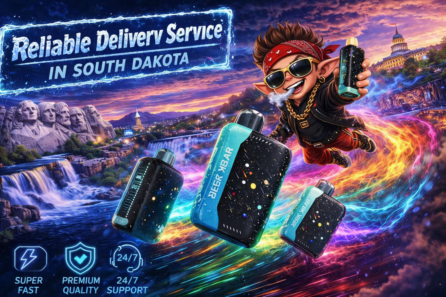 A vibrant digital illustration shows a fantasy‑styled scene featuring Mount Rushmore, waterfalls, and the South Dakota State Capitol under a dramatic sunset sky. In the foreground, several black‑and‑blue Geek Bar vape devices hover amid glowing neon trails of light. A cartoon character wearing sunglasses, a red bandana, and gold chains flies through the air holding one of the vapes, exhaling vapor with a confident grin. The image includes bold text reading “Reliable Delivery Service in South Dakota” and icons for super‑fast service, premium quality, and 24/7 support, creating a dynamic, futuristic advertisement.