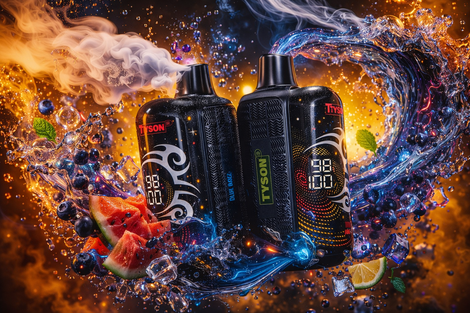 Two “Tyson” vape devices stand side by side amid swirling waves of vapor, water, and fruit. The devices feature sleek black designs with illuminated digital displays and bold decorative patterns, emitting thick clouds of vapor against a fiery orange and blue background. Around them are splashes of water, ice cubes, blueberries, watermelon slices, lime wedges, and mint leaves, creating a dynamic sense of freshness and flavor. The composition emphasizes energy, contrast, and modern design through vibrant color and motion.