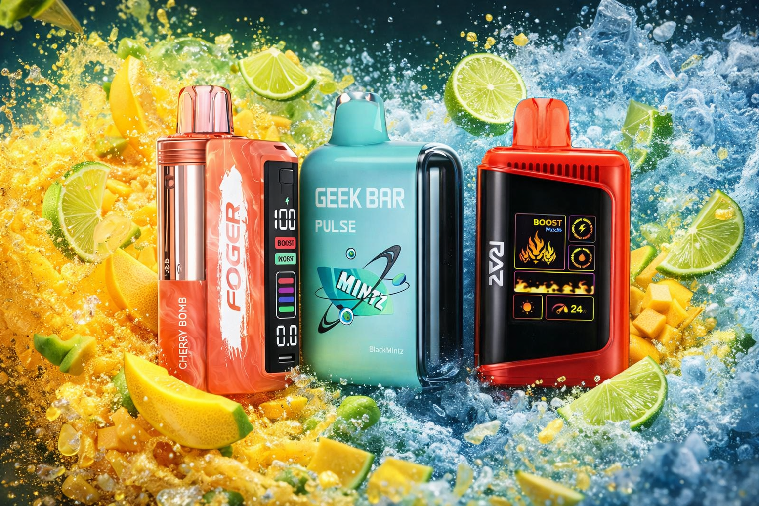 The photo shows three vape devices standing upright among splashes of water, ice, and fruit pieces like lime, lemon, and mango. The orange device is labeled “FOGER” with “CHERRY BOMB” and a digital display, the turquoise one reads “GEEK BAR PULSE” with a “Mintz” logo, and the red-and-black device is marked “RAZ” with a screen showing icons and “BOOST.” The vibrant background emphasizes freshness and flavor, creating a dynamic promotional atmosphere.