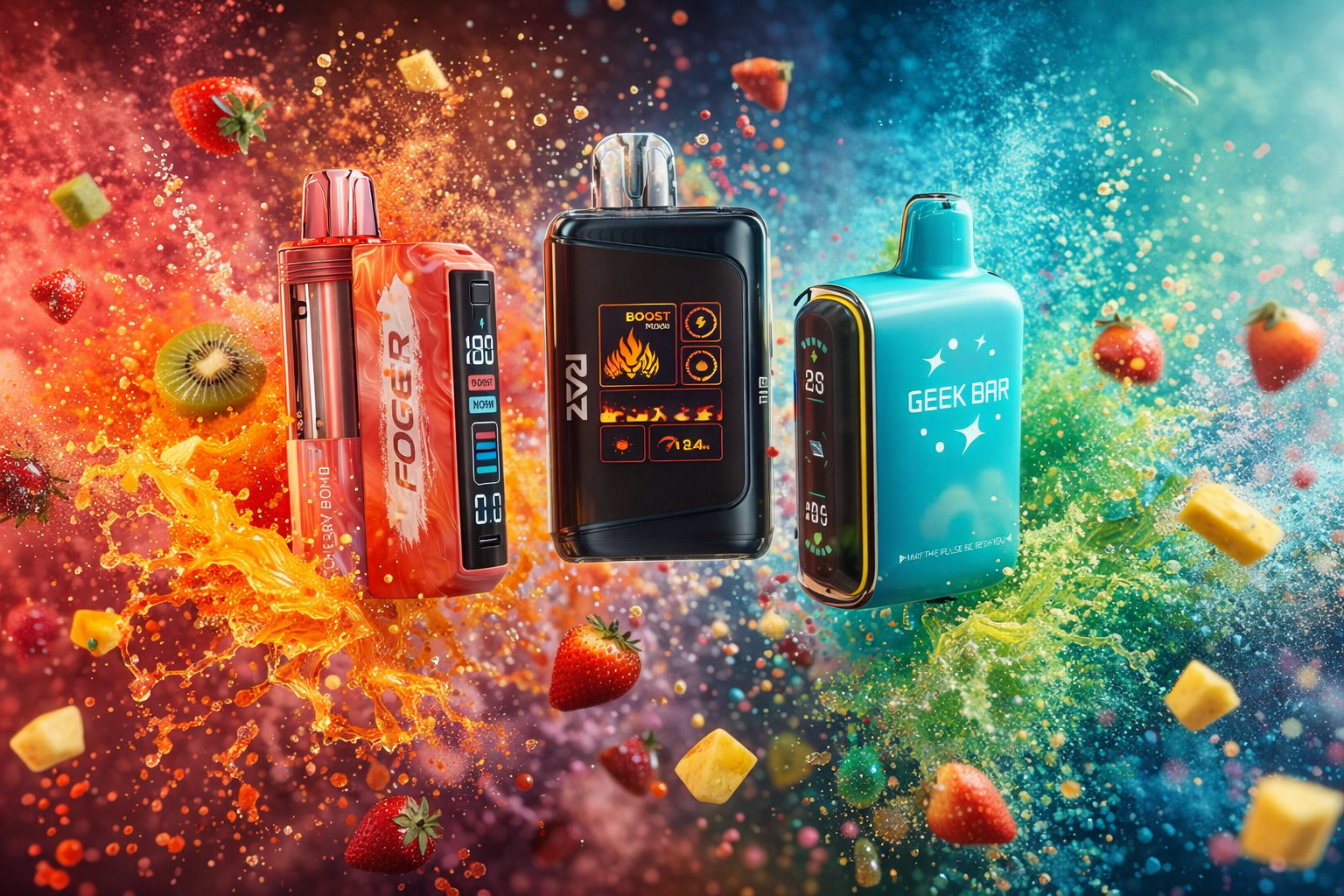 The photo shows three vape devices surrounded by splashes of liquid and floating fruit pieces like strawberries, kiwi, and pineapple. The red device is branded “FOGER” with a digital display, the black one reads “RAZ” with flame graphics and “BOOST MODE,” and the turquoise device is labeled “GEEK BAR” with star-like designs and a display. A background split between warm orange-red tones and cool blue-green hues creates a dynamic contrast that emphasizes fruity energy and vibrant flavor.