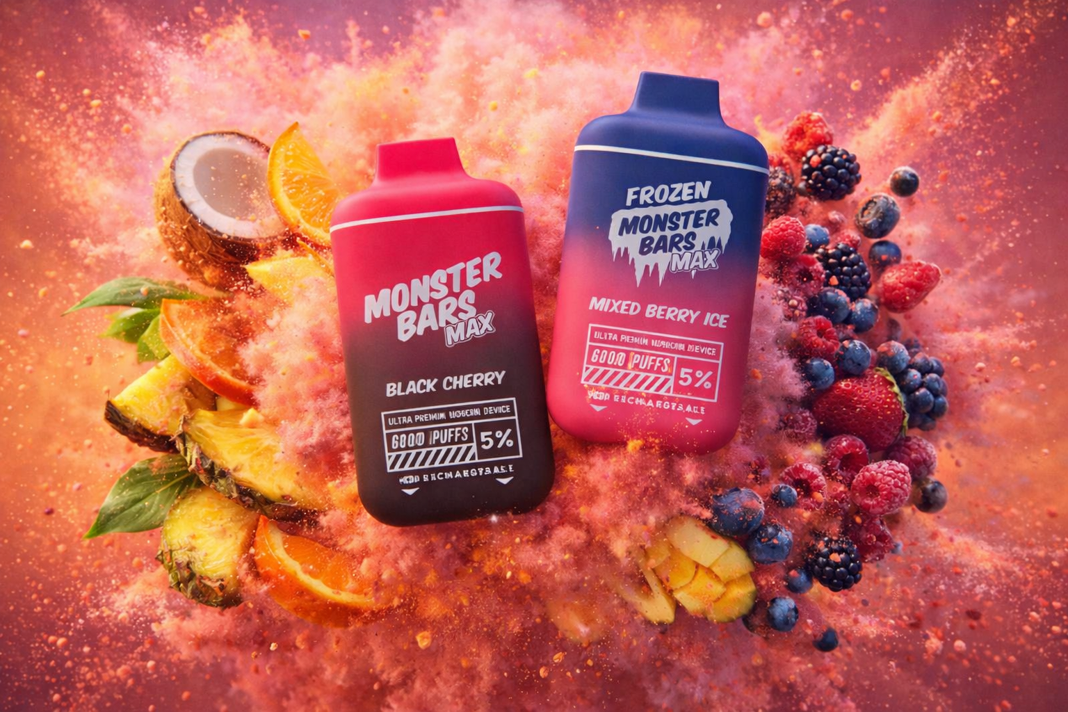 The photo shows two vibrant vape devices labeled “Monster Bars Max” placed against a dynamic fruit explosion background. The red-and-black device highlights the flavor “Black Cherry,” while the blue-and-pink one features “Mixed Berry Ice,” both marked with details like “6000 PUFFS” and “Rechargeable.” Surrounding coconuts, oranges, pineapples, strawberries, raspberries, blueberries, and blackberries create an energetic composition that emphasizes the fruity sensations of the products.