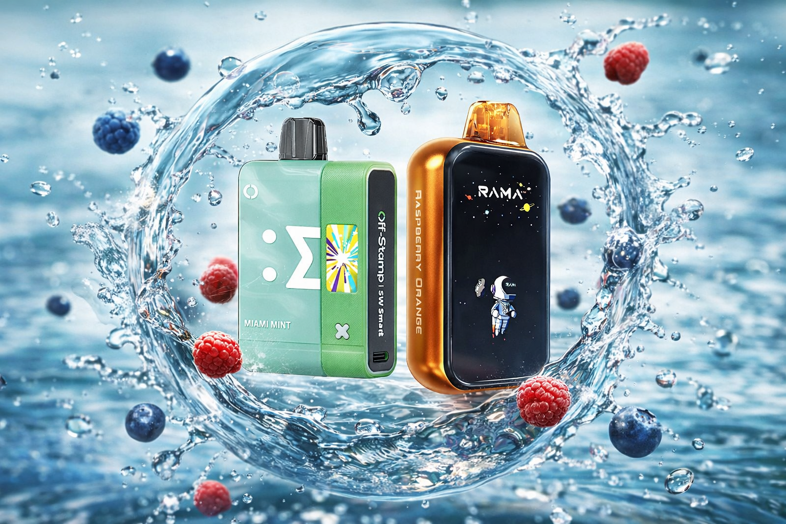 Two vibrant vape devices are showcased amid splashing water and floating berries, creating a refreshing and energetic scene. The green device labeled “MIAMI MINT” features a bold sigma symbol and colorful design, while the orange-and-black “RAMA” vape displays an astronaut drifting among planets. Dynamic water bursts and vivid fruit accents emphasize the flavors and lively atmosphere.