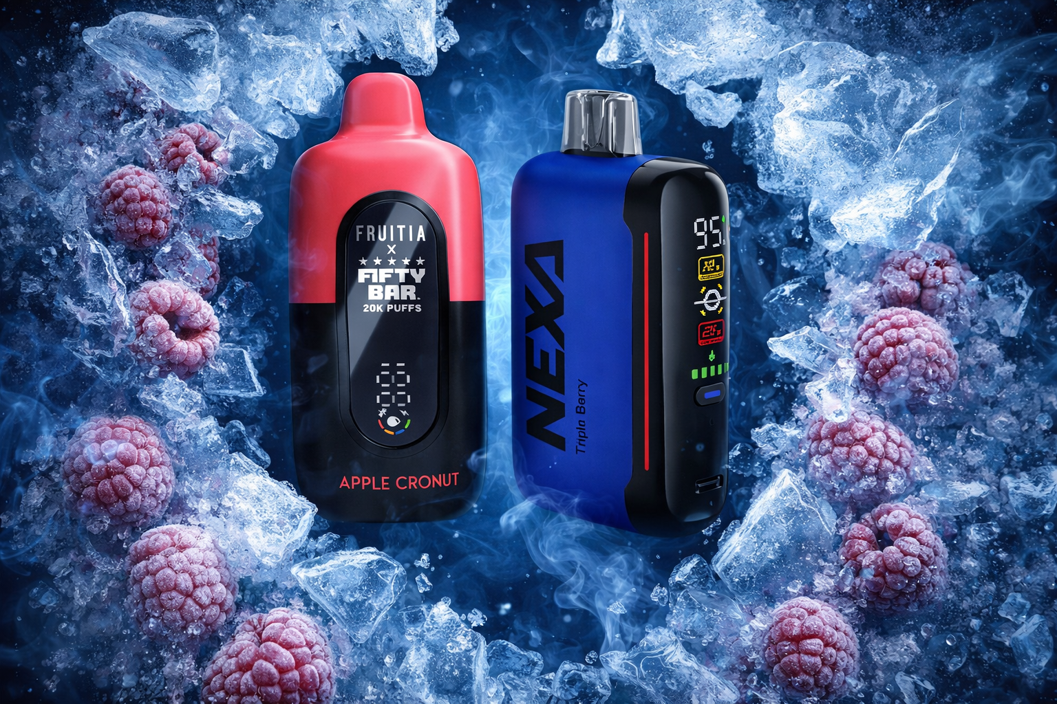 The photo shows two vape devices surrounded by frozen raspberries and ice, creating a cool and refreshing atmosphere. The left device is red and black with the text “FRUITIA FIFTY BAR 20K PUFFS APPLE CRONUT,” while the right device is blue and black labeled “NEXA Triple Berry” with a digital display showing “95.” The icy background and vibrant fruits emphasize the fruity, chilled flavors of the products.