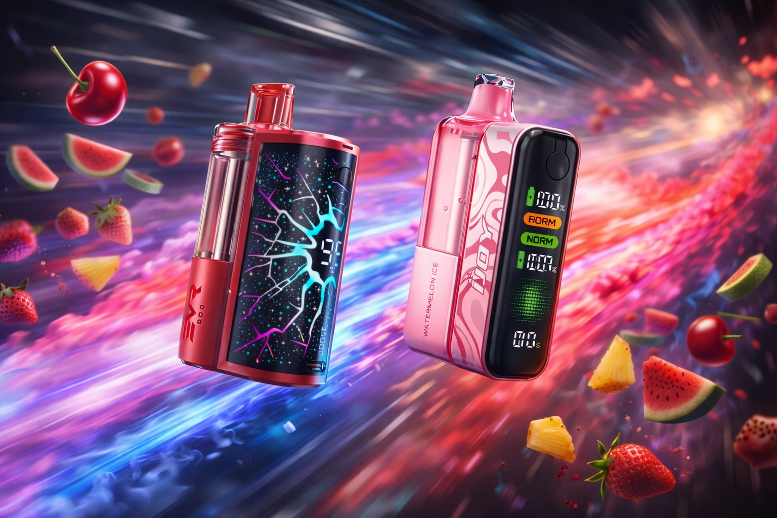 The photo shows two colorful vaping devices floating in a vibrant background filled with streaks of light and swirling colors. The red device features a lightning-like pattern with the text “EVR,” while the pink one displays battery levels and settings labeled “FORM,” “NORM,” and “100%,” along with the flavor “WATERMELON ICE.” Surrounding fruits such as cherries, strawberries, watermelon, and pineapple emphasize the energetic, fruity theme of the composition.