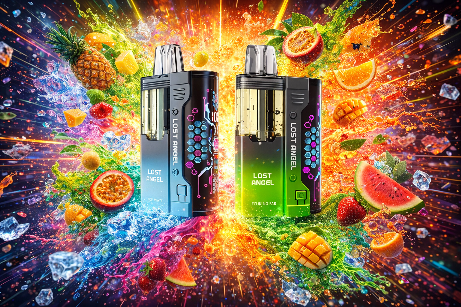 The photo shows two vaping devices placed side by side against a vibrant, explosive background of fruits and ice. The left device, in blue and purple, is labeled “LOST ANGEL ICE MINT,” while the right one, in green and purple, reads “LOST ANGEL FCUKING FAB.” Surrounding splashes of liquid, ice cubes, and tropical fruits like pineapple, mango, watermelon, strawberries, and passion fruit create a dynamic, energetic composition.