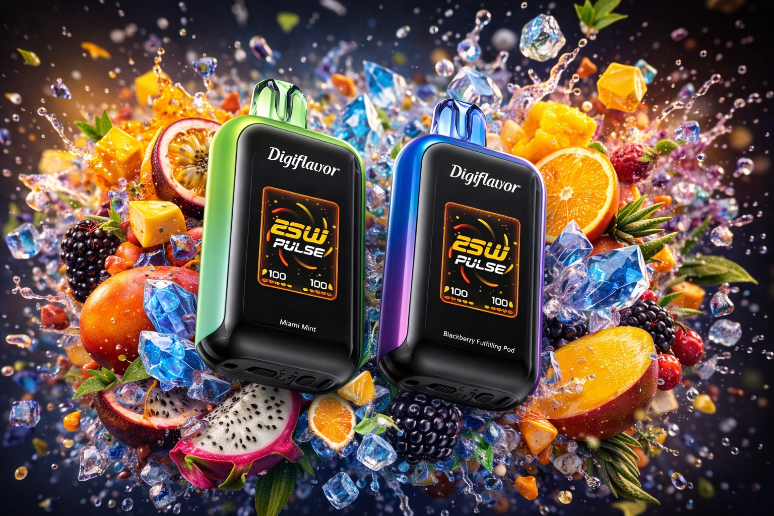 The photo shows two colorful vape devices branded “Digiflavor,” each with digital screens displaying “25W PULSE” and “100.” The green device is labeled “Miami Mint,” while the blue one is marked “Blackberry Fulfilling Pod.” Around them, splashes of water, ice crystals, and vibrant fruits like oranges, dragon fruit, blackberries, passion fruit, and mango create a dynamic, refreshing atmosphere.