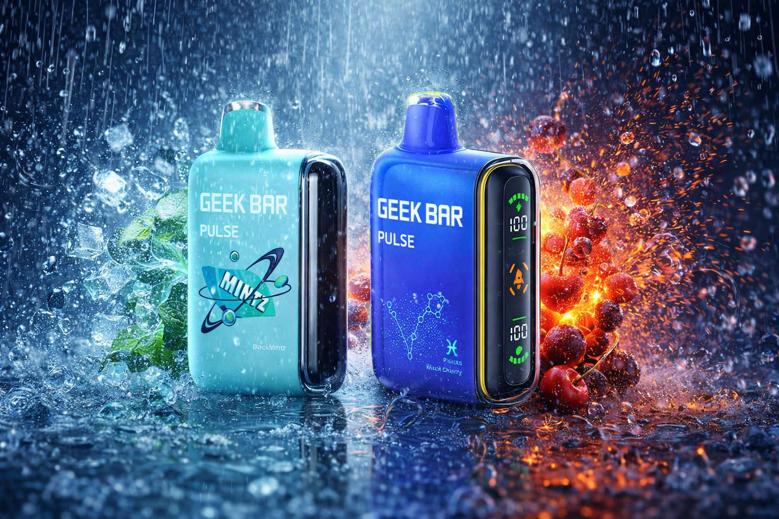 The photo shows two rectangular “GEEK BAR PULSE” vape devices, one turquoise and one blue. The turquoise device highlights a mint theme with icy splashes and leaves, while the blue device emphasizes a cherry flavor with fiery red accents. Both have glossy finishes and digital displays, set against a dramatic backdrop of water splashes that contrast the cool and fiery elements.