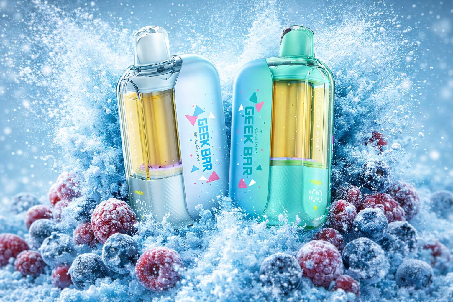 The photo shows two brightly colored “GEEK BAR” vape devices placed among frozen raspberries and blueberries. The silver device with pink and blue accents is labeled “Tropic Guava,” while the turquoise one is marked “Cool Mint.” The frosty background and icy mist emphasize a refreshing atmosphere, highlighting the cool and fruity flavors.