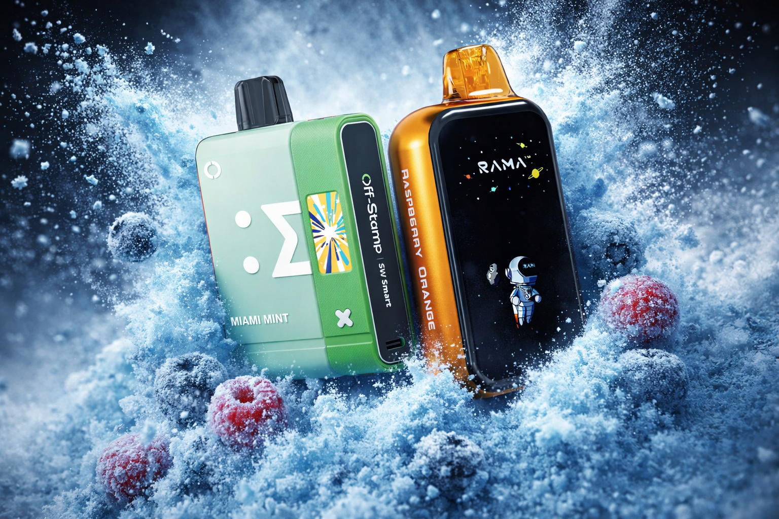 The photo shows two colorful vape devices placed in a frosty, icy setting with frozen raspberries and blueberries around them. The green device is labeled “MIAMI MINT” and features a bold graphic with mint and icy elements, while the orange device is marked “RAMA RASPBERRY ORANGE” with a playful astronaut design. The frozen background emphasizes a cool, refreshing atmosphere that highlights the fruity and minty flavors.