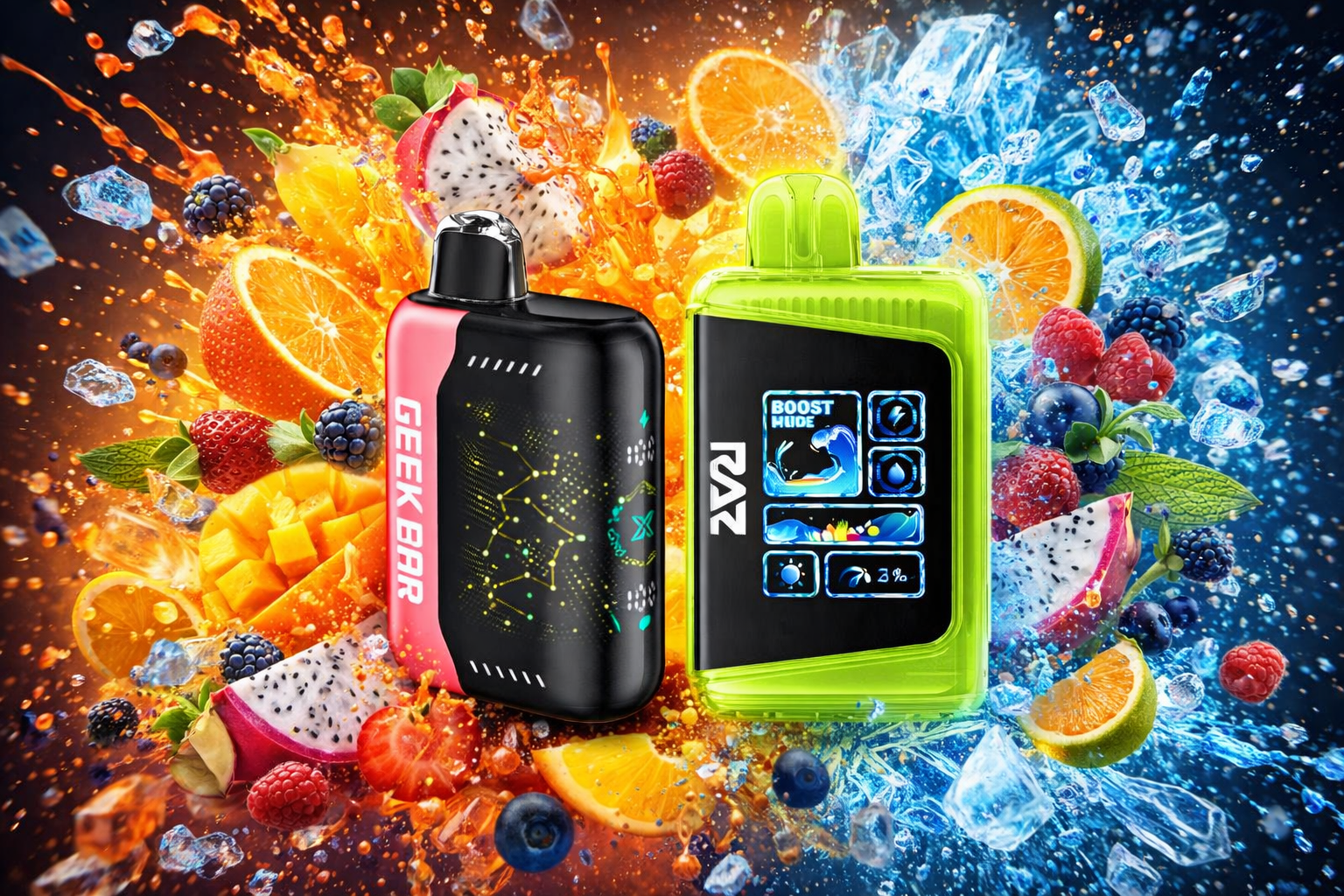 The photo shows two vibrant vape devices surrounded by a dramatic burst of fruits and ice. One is a sleek black-and-pink “GEEK BAR,” while the other is a neon green model with a digital display reading “BOOST MODE.” The background explodes with splashes of orange juice, mango, dragon fruit, berries, and icy shards, emphasizing freshness and fruity intensity.