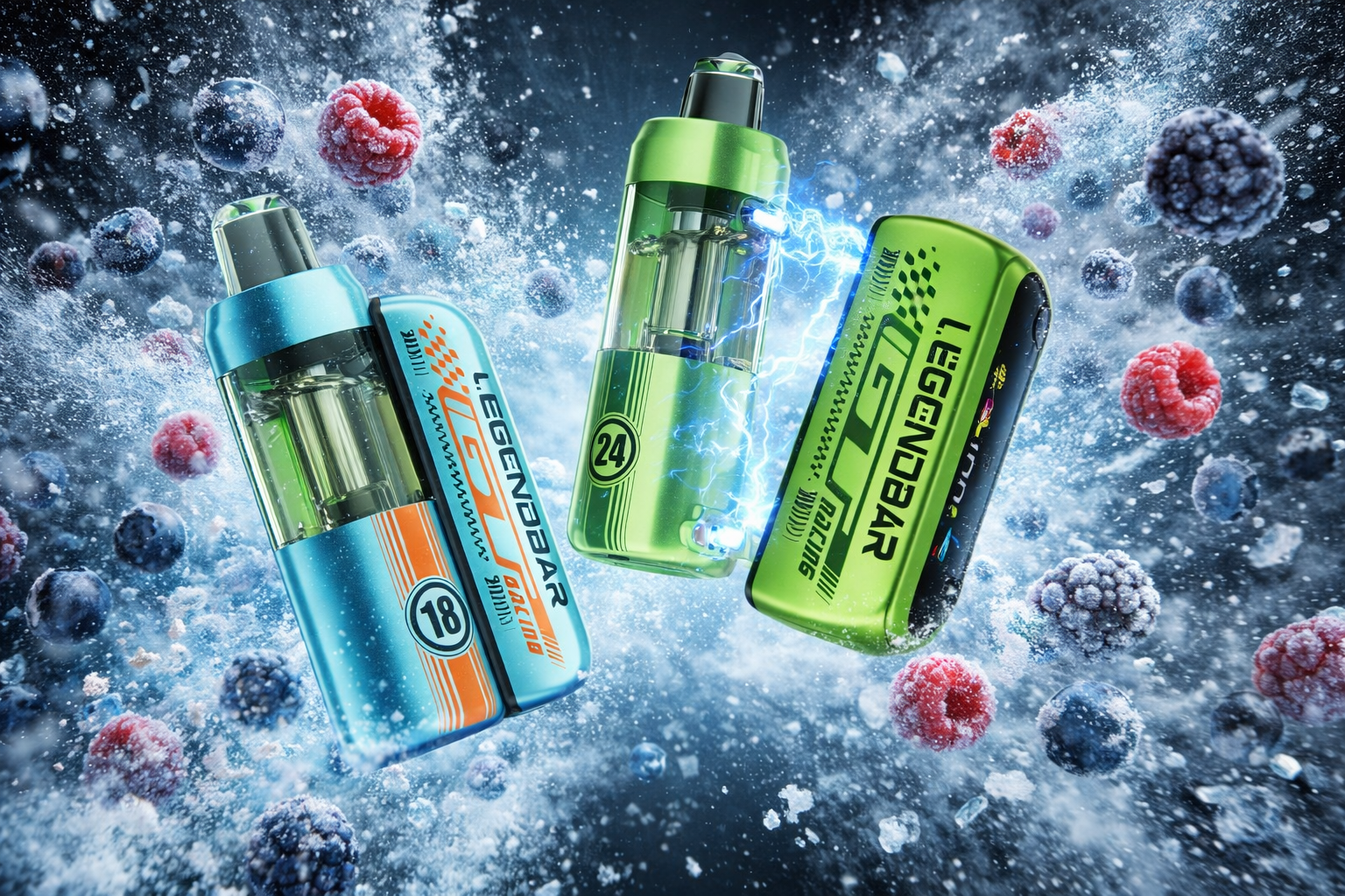 The photo shows three vape devices branded “LEGEND BAR” surrounded by frozen berries like raspberries, blueberries, and blackberries. The metallic blue, green, and lime green devices are highlighted with text such as “RACING,” “18,” and “24.” Electric effects and icy particles in the background create a powerful, energetic atmosphere that emphasizes freshness and intensity.