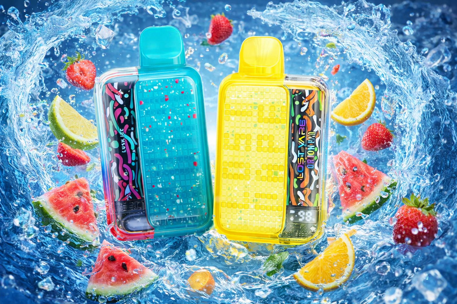 The photo shows two brightly colored rectangular vape devices partially submerged in splashing water with fruit slices like strawberries, watermelon, lemon, and lime around them. The turquoise device is labeled “LOST VAPE ORION MINI” with additional text “LUXY ICE,” while the yellow device also carries the “LOST VAPE ORION MINI” branding and a decorative multicolored strip. The dynamic water droplets and vibrant fruit pieces create a lively composition that emphasizes freshness, energy, and fruity flavor appeal.