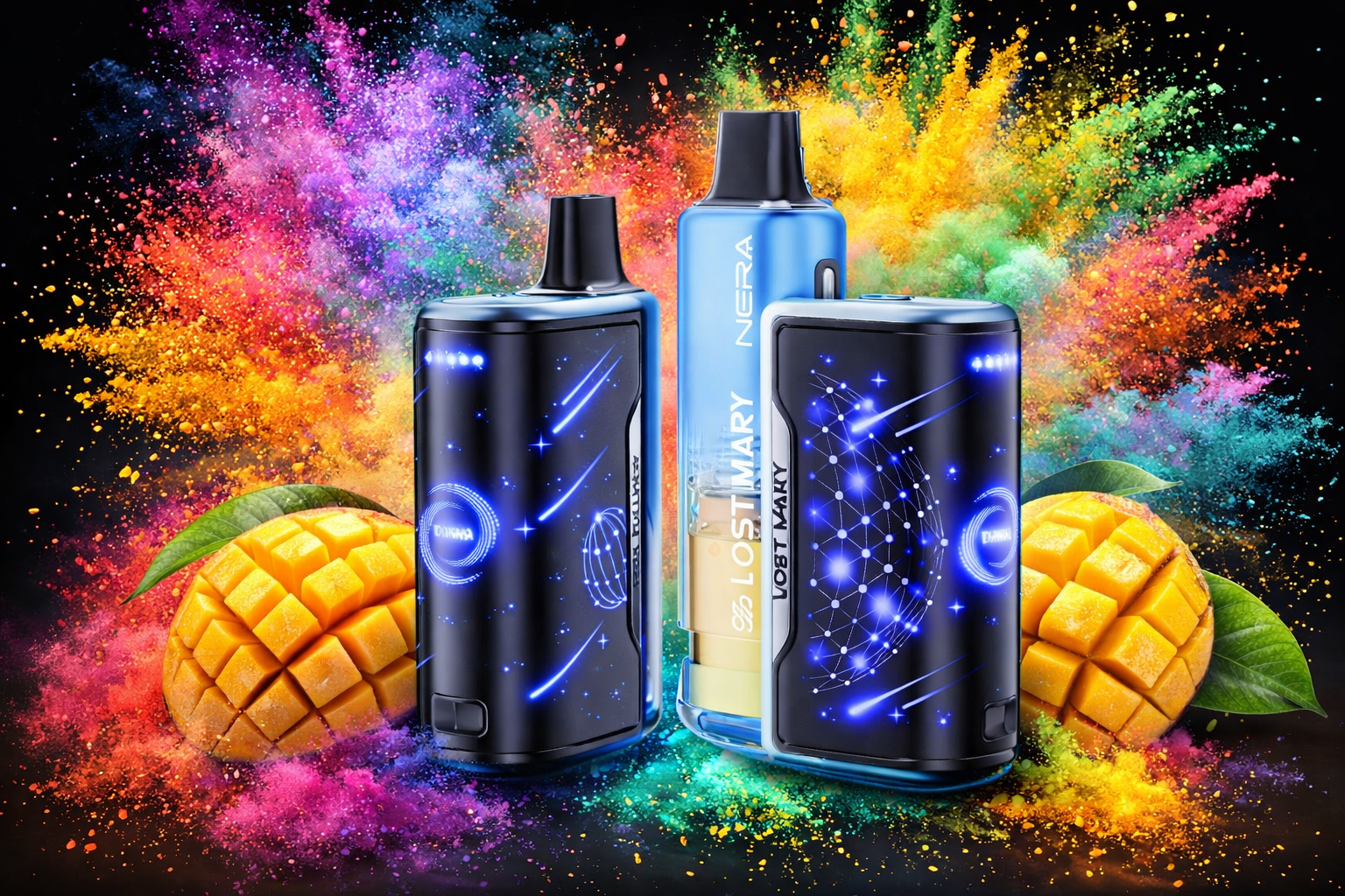 The photo shows three electronic vaping devices placed in front of a vibrant background of multicolored powder bursts. Two of the devices are black with glowing blue constellation-like designs, while the third is light blue with the text “NERA LOST MARY.” Bright mango slices with green leaves surround them, and the colorful explosion of yellow, orange, pink, blue, and purple powder creates a dynamic composition that emphasizes fruity freshness and bold design.