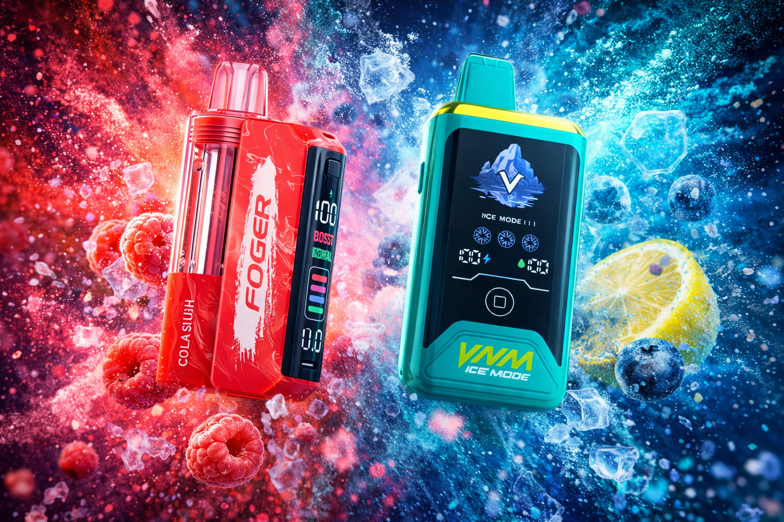 The photo shows two colorful vape devices surrounded by vibrant fruit and ice imagery. The red device is labeled “FOGER” with “COLA SLUSH” and features a digital display, set against a background of raspberries and ice cubes. The turquoise and yellow device reads “VVM ICE MODE” with icy graphics and indicators, placed in a cool blue setting with blueberries, lemon slices, and ice cubes, creating a striking contrast of warm and cold themes.