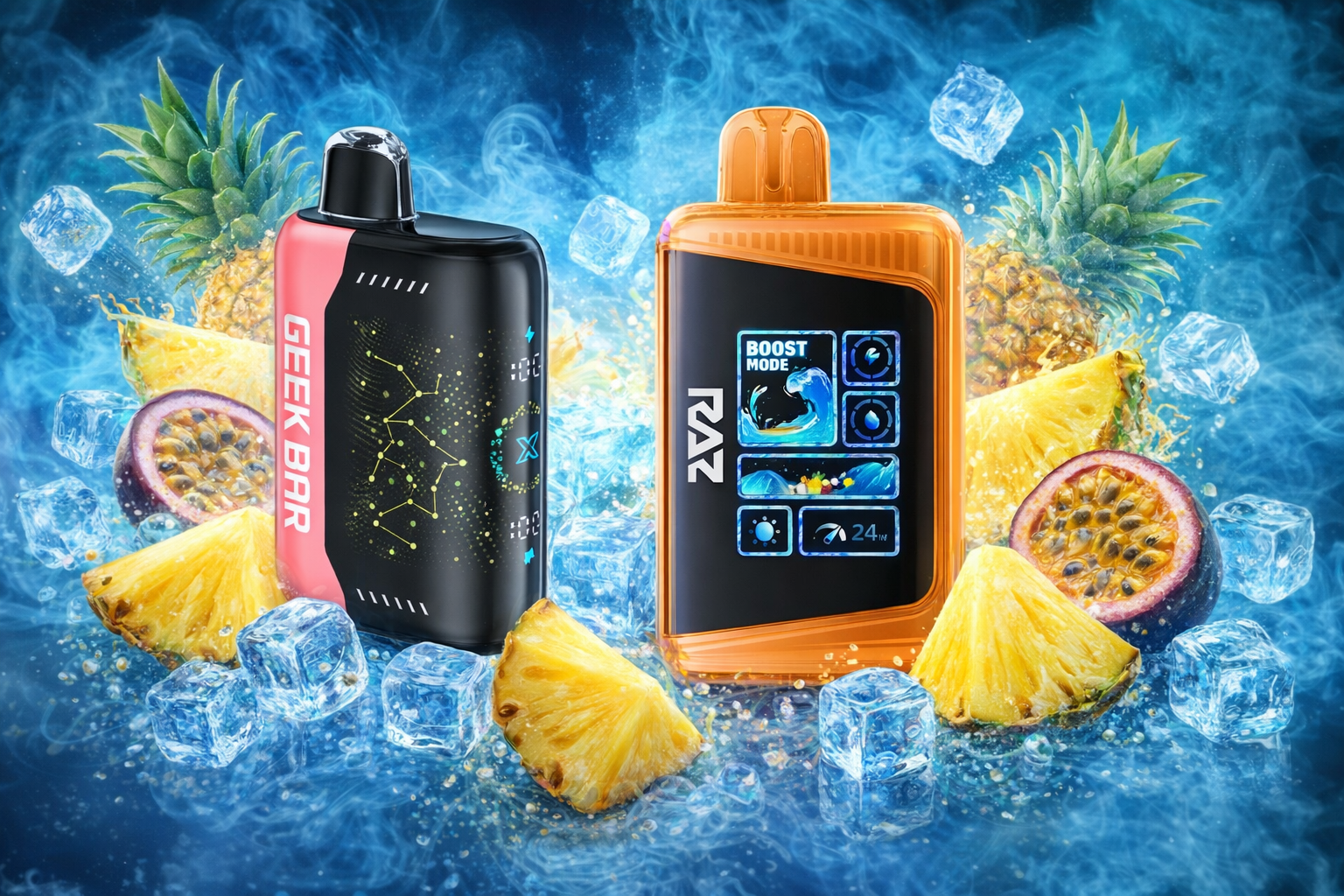 The photo shows two colorful vape devices surrounded by tropical fruits and ice cubes. The black-and-red device is labeled “GEEK BAR” with a constellation-like design, while the orange one reads “RAZ” and displays “BOOST MODE” with a 24W indicator. Pineapples, passion fruits, and icy elements set against a smoky blue background create a vibrant, refreshing atmosphere.