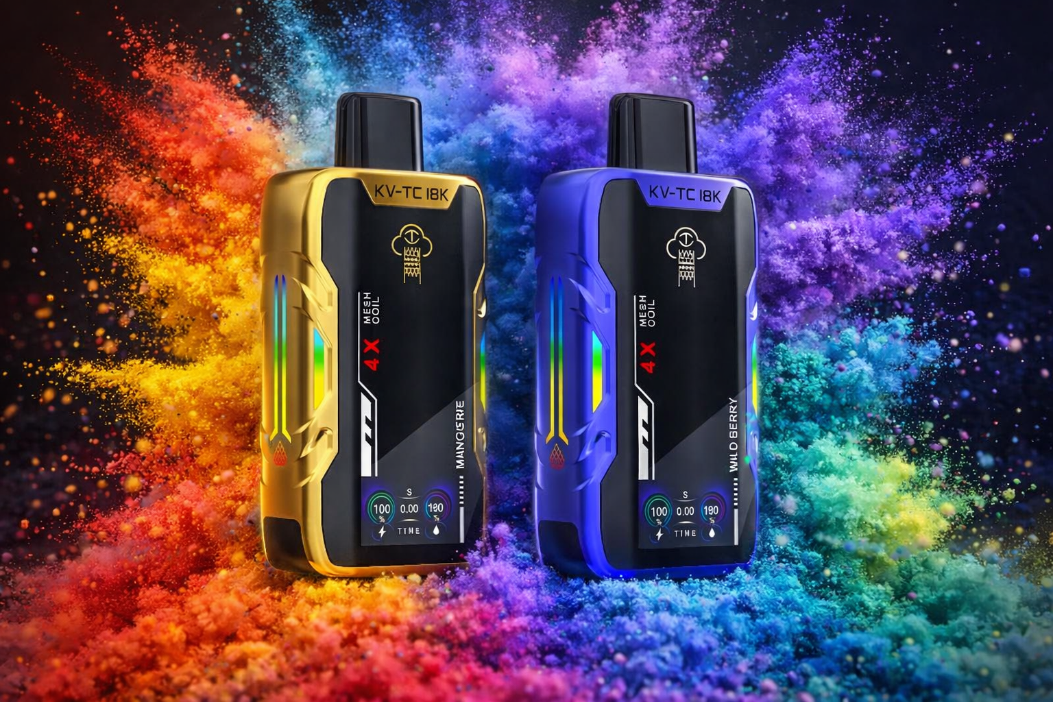 The photo shows two electronic vape devices placed side by side against a vibrant background of colorful powder explosions. The left device is gold and black labeled “KV-TC 18K” with text “4X MESH COIL” and “MANGO RYE,” while the right device is blue and black labeled “KV-TC 18K” with “4X MESH COIL” and “WILD BERRY.” Their digital display screens show circular indicators with numbers and icons, while the dynamic burst of yellow, orange, red, blue, purple, and green powder creates a striking contrast with the sleek, futuristic design.