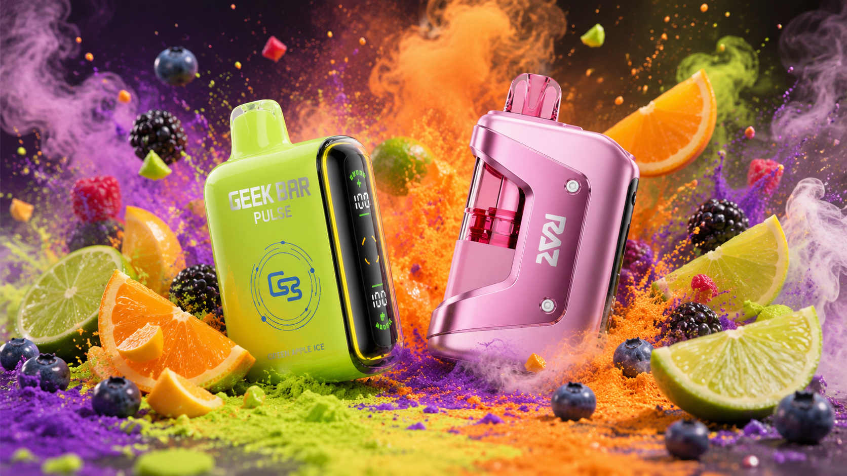 Two vibrant vape devices stand amid a burst of colorful fruits and powder clouds. The neon green device labeled “GEEK BAR PULSE” displays “100” and “MODE,” while the metallic pink device shows the text “RAZ.” Surrounding slices of lime, orange, and berries explode with orange, purple, and green powder, creating a dynamic and energetic composition.