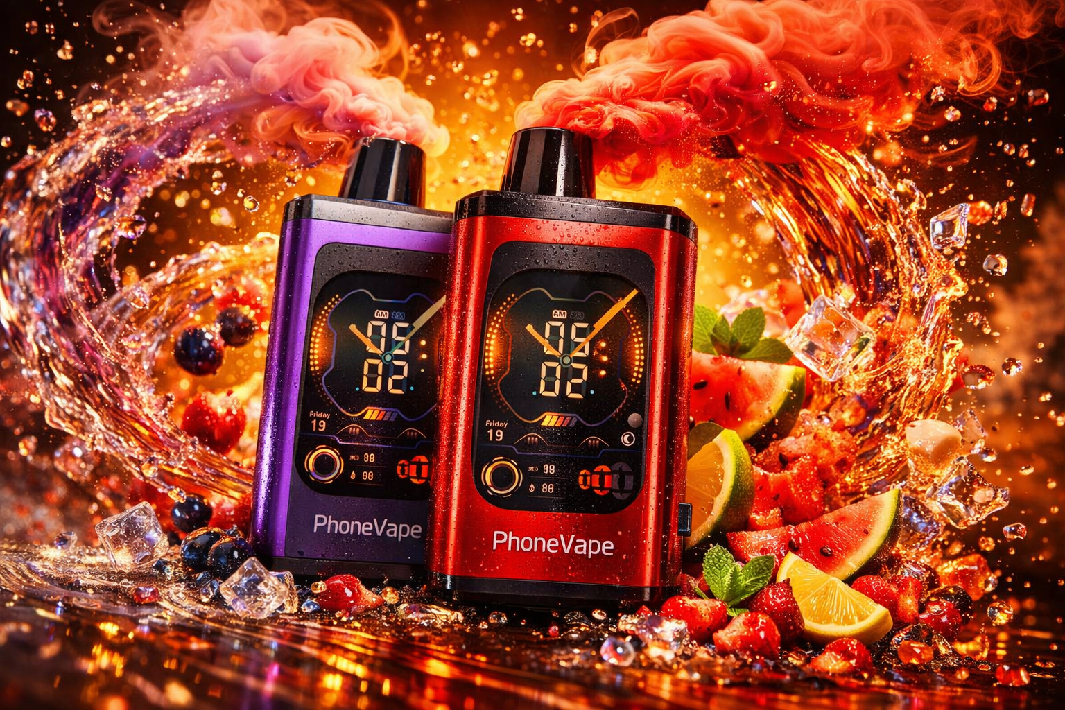 Two PhoneVape disposable vape devices are showcased side by side — one in metallic purple and one in vivid red — both featuring large smartphone-style LCD screens displaying a digital clock interface with battery, e-liquid level, and mode indicators. The composition is surrounded by an abundant array of fresh fruits including watermelon, strawberries, citrus slices, and blueberries, along with scattered ice cubes, emphasizing a rich multi-fruit flavor profile. Dramatic swirling flames and pink-red smoke clouds billow behind the devices against a fiery orange background, creating an intense, high-energy atmosphere. The warm, explosive color palette contrasts with the cool ice cubes in the foreground, reinforcing the bold and refreshing nature of the product.