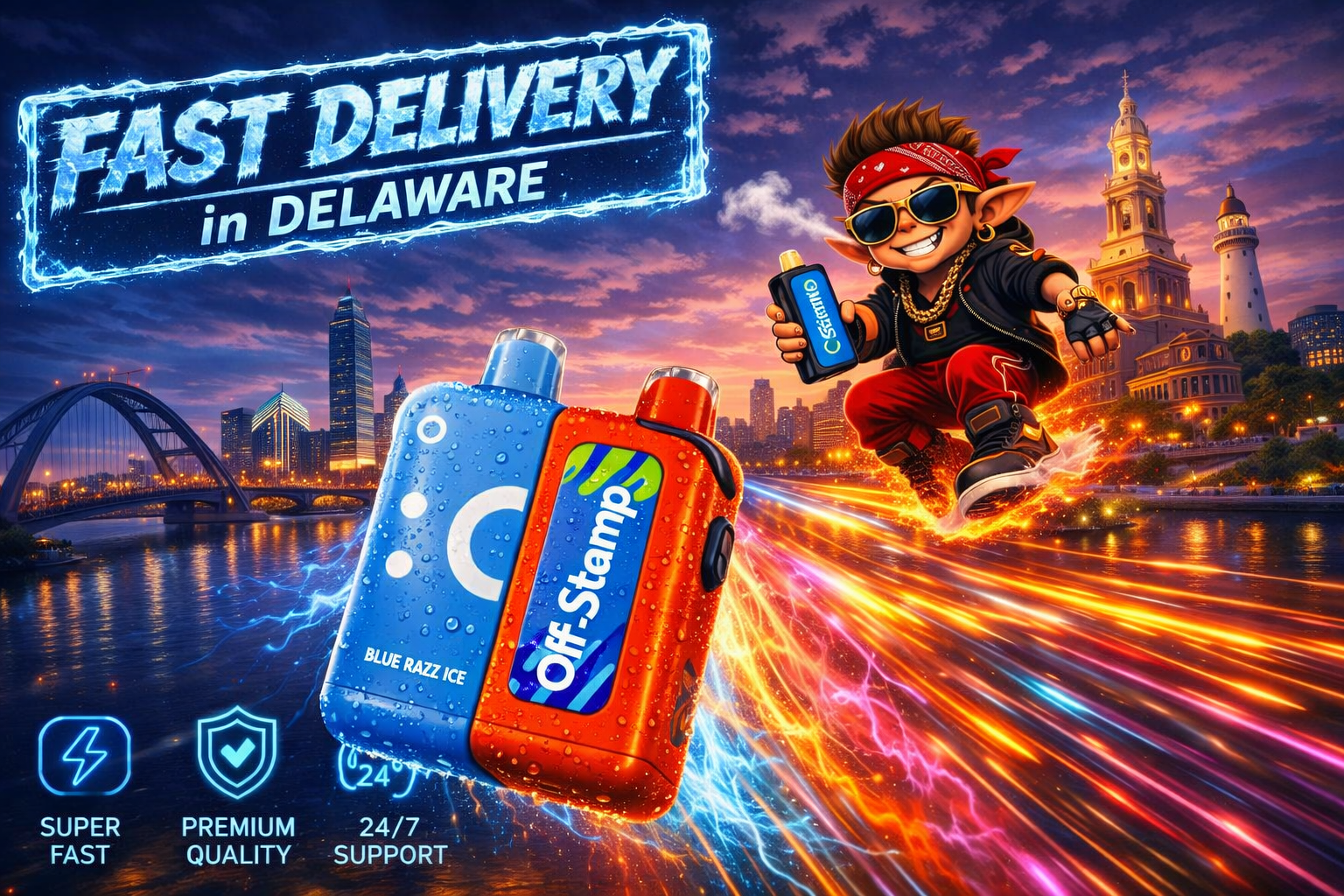 A vibrant digital illustration shows a cityscape at sunset with neon lights and dynamic motion trails. In the foreground, two blue and orange Off‑Stamp Blue Razz Ice vape devices appear covered in water droplets. A cartoon character wearing sunglasses, a red bandana, and gold chains rides a glowing hoverboard while holding a vape, surrounded by streaks of colorful light. The image features bold text reading “Fast Delivery in Delaware” and icons for speed, premium quality, and 24/7 support, creating an energetic, futuristic advertisement.