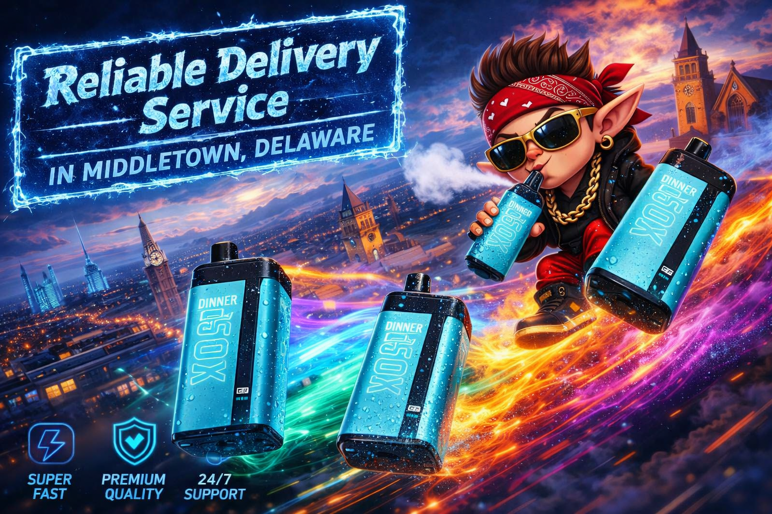 A dynamic digital illustration advertising a vape delivery service in Middletown, Delaware. A cartoon character with sunglasses, gold chain, and red bandana rides through a glowing cityscape while exhaling vapor and holding a large blue vape labeled “Dinner 50X.” Several identical vapes float around him, surrounded by colorful light trails and droplets that emphasize freshness and speed. The banner highlights “Super Fast,” “Premium Quality,” and “24/7 Support” with bright neon icons.