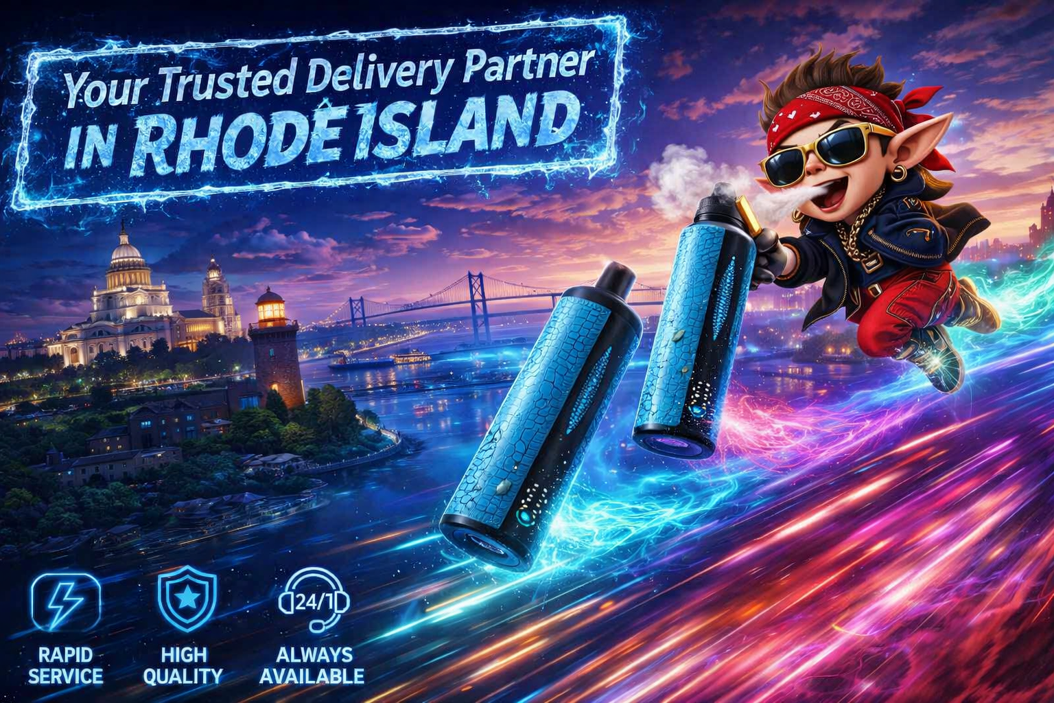 A vivid digital illustration shows a futuristic cityscape at dusk with recognizable Rhode Island landmarks such as the State House and a waterfront lighthouse. In the foreground, two large blue Lost Mary vape devices hover above glowing neon trails of light. A cartoon character wearing sunglasses, a red bandana, and gold chains rides a hoverboard while exhaling vapor, surrounded by colorful motion effects. The image features bold text reading “Your Trusted Delivery Partner in Rhode Island” and icons for rapid service, high quality, and 24/7 availability, creating a dynamic, high‑energy promotional scene.