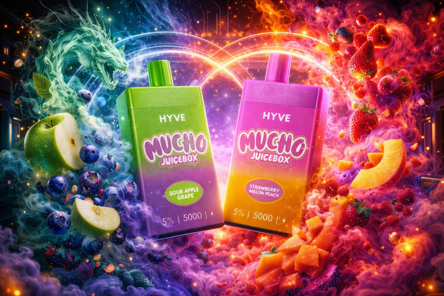 Two colorful vape devices labeled “HYVE MUCHO JUICEBOX” stand side by side in a vibrant fantasy scene filled with swirling vapor and glowing fruit imagery. The left device, in green and purple, reads “SOUR APPLE GRAPE 5% | 5000” and is surrounded by green apples, grapes, blueberries, and a turquoise dragon‑shaped mist. The right device, in pink and orange, reads “STRAWBERRY MELON PEACH 5% | 5000” and is enveloped by fiery red smoke with strawberries, melon cubes, and peach slices. The composition merges cool and warm tones in the center, symbolizing flavor contrast and dynamic energy.