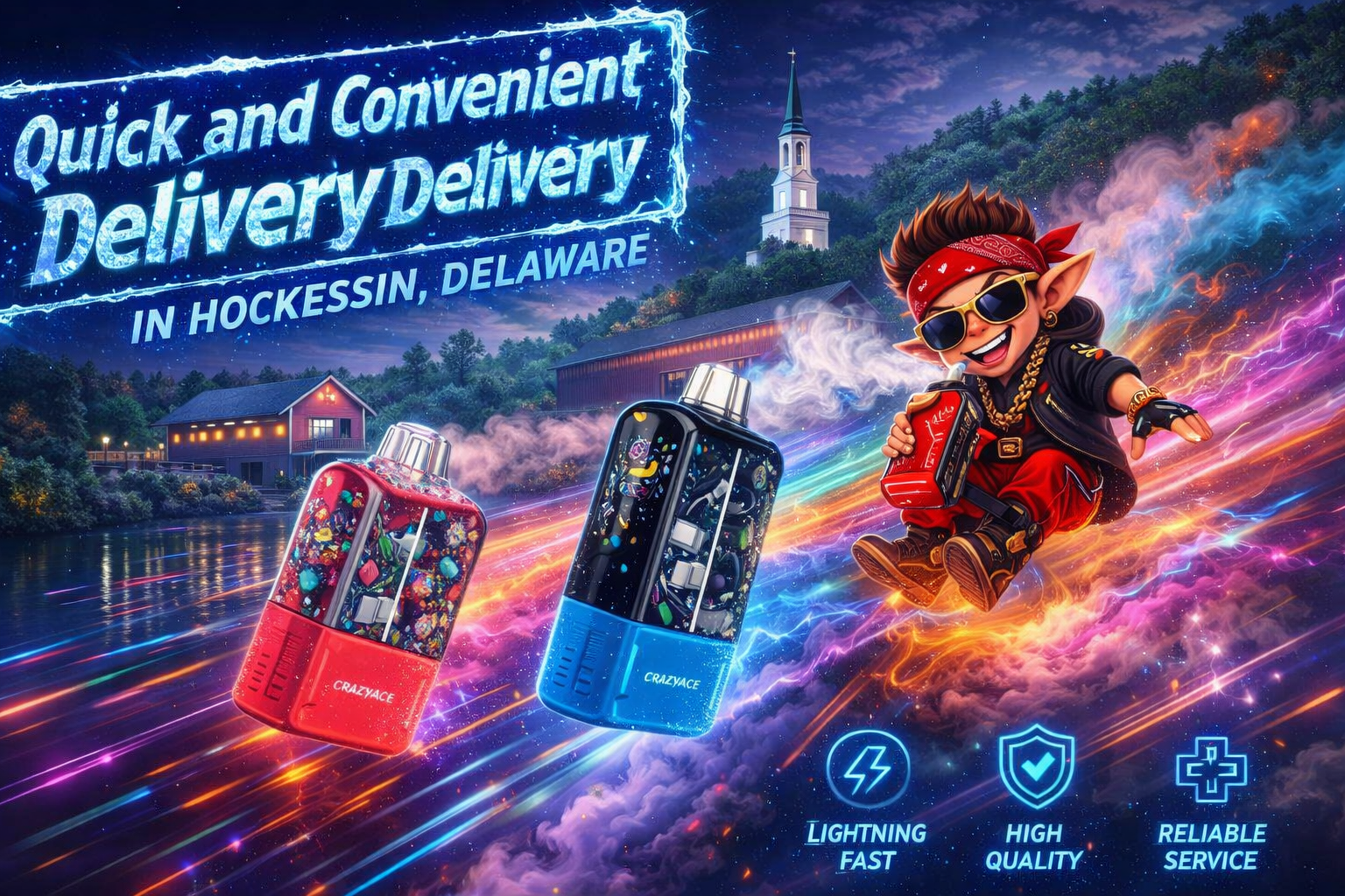 A colorful digital artwork promoting a vape delivery service in Hockessin, Delaware. A cartoon character with sunglasses, gold chain, and red bandana rides through a glowing night cityscape while exhaling vapor and holding a red vape labeled “CrazyAce.” Two large vapes—one red and one blue—float beside him, decorated with vibrant candy-like patterns and surrounded by swirling neon light trails. The banner reads “Quick and Convenient Delivery in Hockessin, Delaware,” with icons for “Lightning Fast,” “High Quality,” and “Reliable Service.”