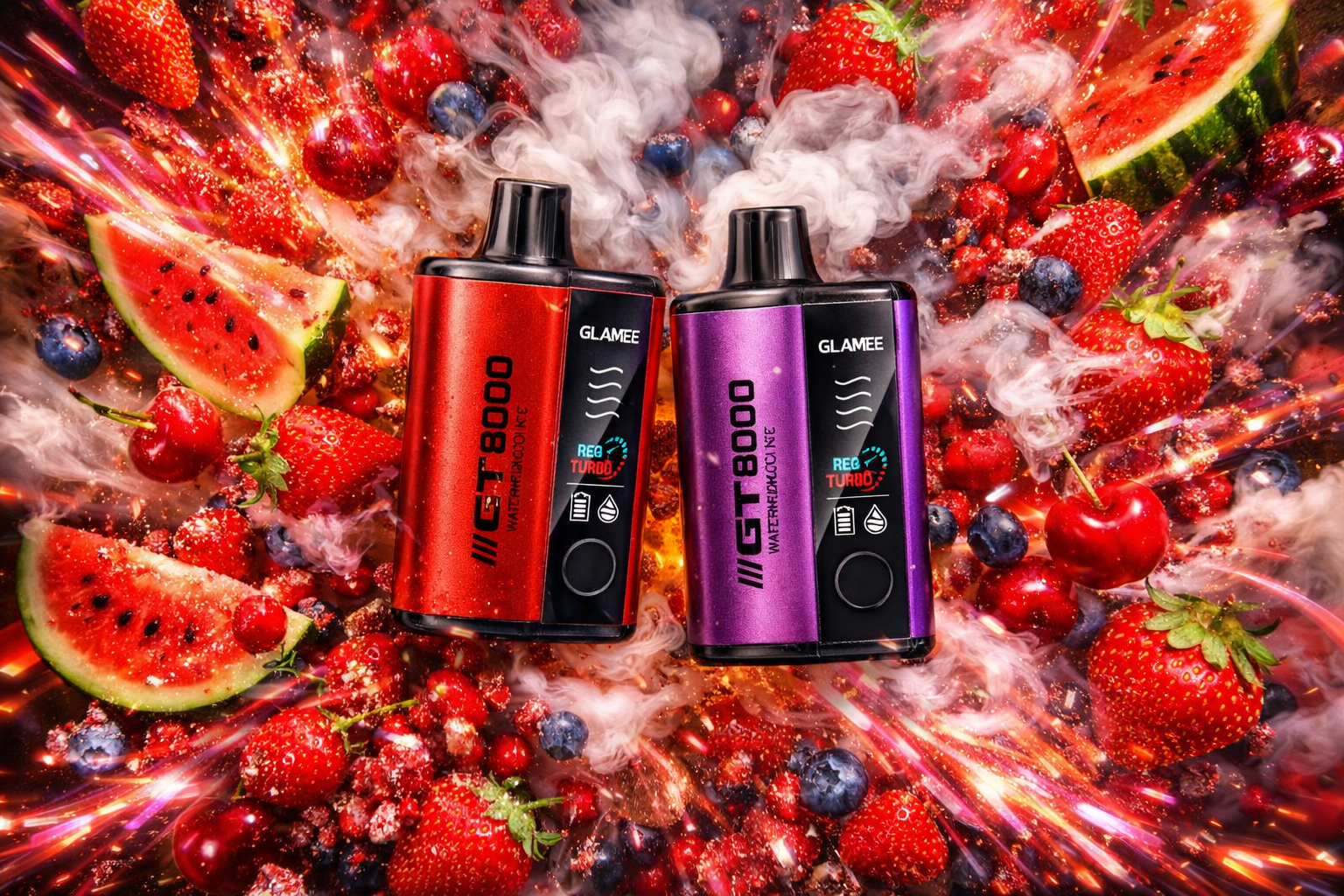 Two vape devices labeled “GLAMEE GT8000” stand side by side amid a vivid explosion of fruits and vapor. The left device, in metallic red, reads “Watermelon Ice,” while the right one, in metallic purple, shows “Watermelon Cherry Ice.” Around them swirl slices of watermelon, strawberries, cherries, blueberries, and raspberries, all glowing under dynamic red and pink lighting. The composition evokes freshness, sweetness, and high energy through its vibrant color palette and motion effects.