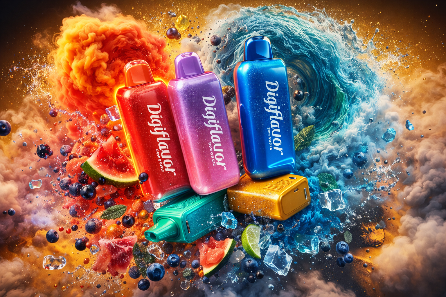 Five Digiflavor vape devices—red, pink, blue, green, and yellow—stand amid a dramatic clash of fire and water. The red and pink devices glow against fiery orange clouds, while the blue and green ones are surrounded by swirling waves and icy splashes. Watermelon slices, blueberries, lime, mint, and ice cubes scatter around, adding freshness and vibrancy. The composition contrasts heat and coolness, symbolizing bold flavor variety and dynamic energy.