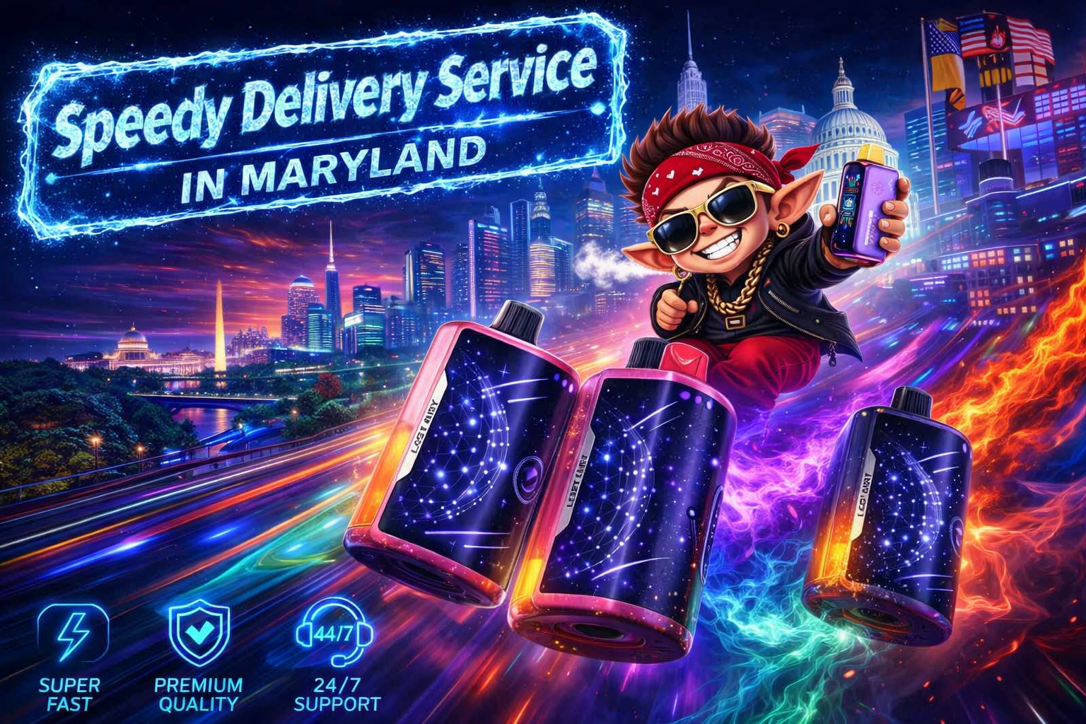 A vibrant digital illustration shows a futuristic cityscape at night with neon lights and recognizable landmarks such as the U.S. Capitol and Washington Monument. In the foreground, three glowing Lost Mary vape devices with cosmic star patterns hover amid colorful motion trails. A cartoon character wearing sunglasses, a red bandana, and gold chains rides a hoverboard while holding one of the vapes, surrounded by streaks of light. The image features bold text reading “Speedy Delivery Service in Maryland” and icons for super‑fast service, premium quality, and 24/7 support, creating an energetic promotional scene.