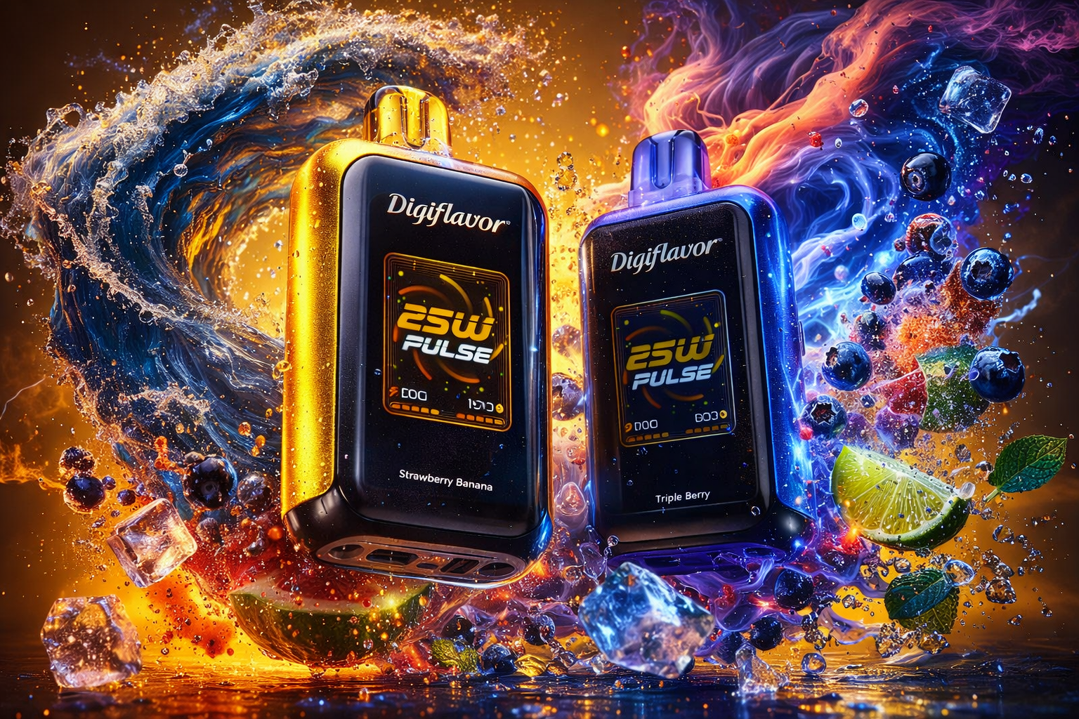 Two Digiflavor Pulse 25W vape devices—one golden labeled Strawberry Banana and one blue labeled Triple Berry—stand amid a dramatic clash of swirling fire and water. The golden device glows with warm orange light and splashes of fruit, while the blue one is surrounded by cool waves, blueberries, lime slices, and ice cubes. Both emit colorful vapor, symbolizing the contrast between heat and freshness. The composition highlights the sleek design and vibrant flavor energy of the products.