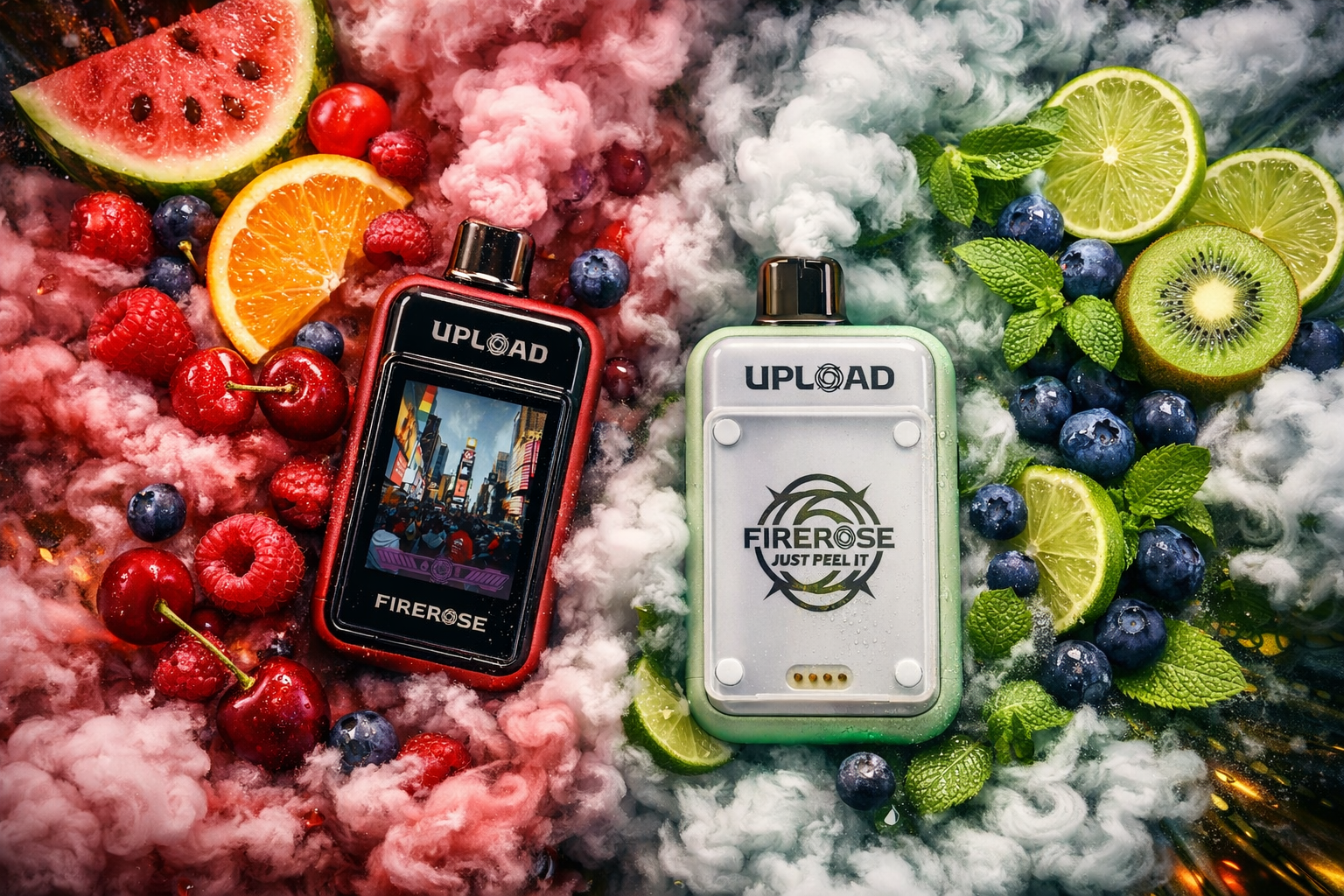 Two vape devices labeled “UPLOAD FIREROSE” lie side by side amid a colorful arrangement of fruits and swirling vapor. The left device, in glossy red and black, displays an image of Times Square on its screen and is surrounded by watermelon, orange slices, cherries, raspberries, and blueberries against pinkish smoke. The right device, in white and mint green, features the text “JUST PEEL IT” and is surrounded by lime slices, kiwi, blueberries, and mint leaves amid cool green vapor. The composition contrasts warm and cool tones, symbolizing vibrant flavor and freshness.