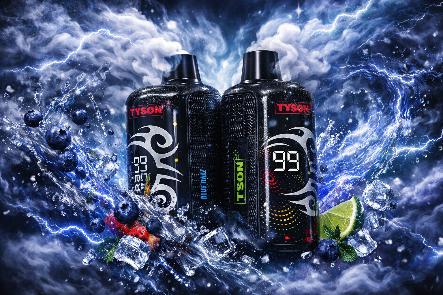 Two Tyson 2.0 branded disposable vape devices in matte black with white tribal graphics are displayed side by side against a dramatic stormy background with lightning bolts and swirling clouds. The left device features 