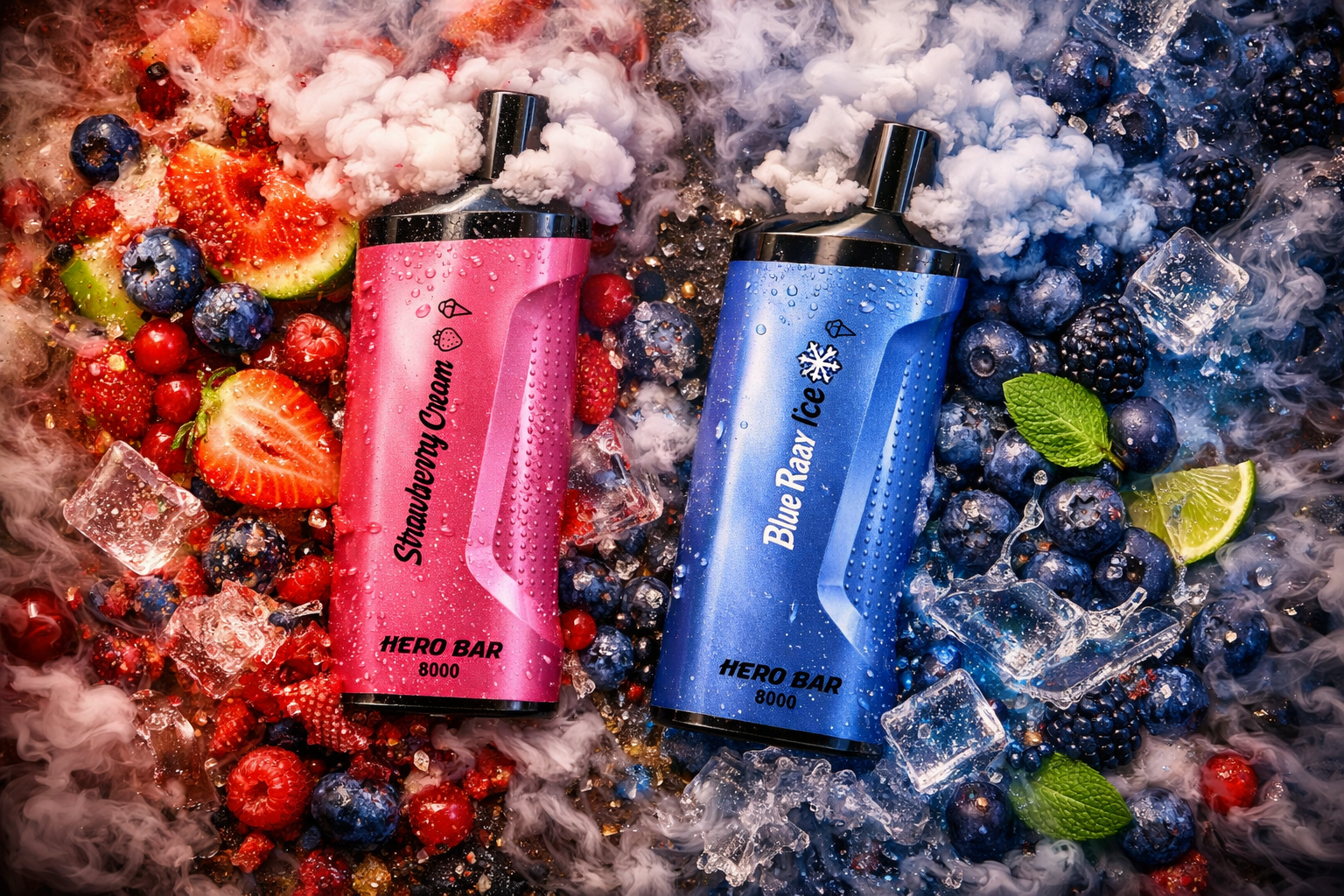 Two vape devices labeled “HERO BAR 8000” lie amid fresh berries, ice cubes, and swirling vapor. The left device, in pink, reads “Strawberry Cream” and is surrounded by strawberries, raspberries, and blueberries with mist rising from its top. The right device, in metallic blue, shows “Blue Razz Ice” and is placed among blueberries, blackberries, mint leaves, lime slices, and ice cubes. The composition contrasts warm and cool tones, evoking fruity freshness and icy intensity.