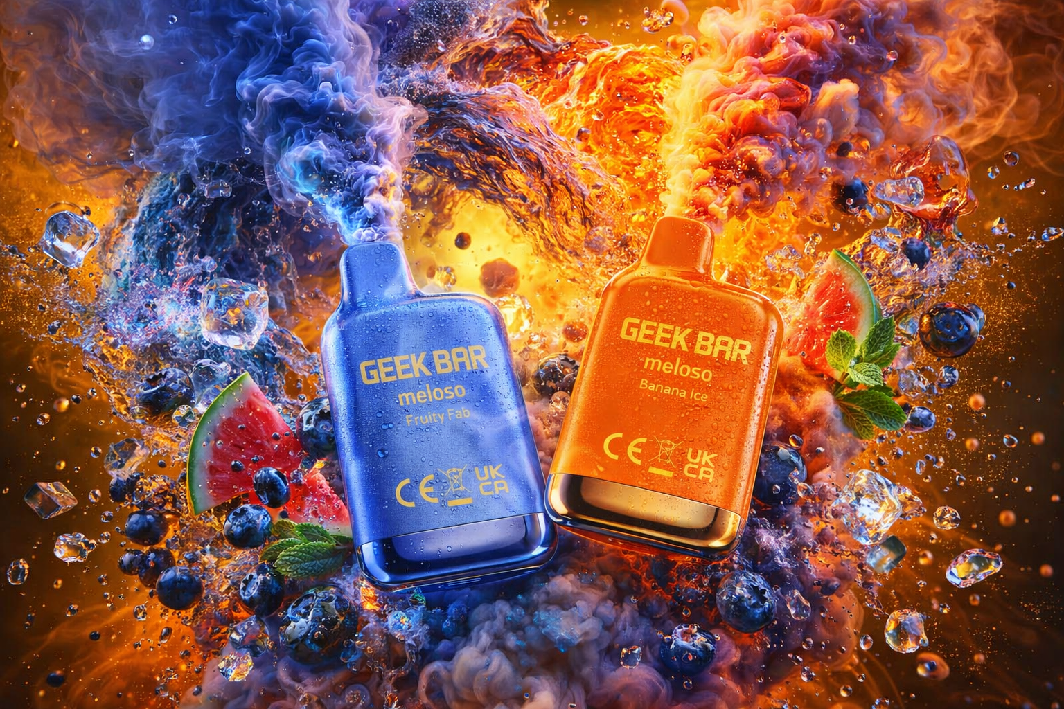 Two Geek Bar Meloso vape devices—one blue labeled Fruity Fab and one orange labeled Banana Ice—stand amid a vivid explosion of vapor, liquid, and fruit. The blue side bursts with cool tones, blueberries, lime slices, and ice cubes, while the orange side glows with fiery warmth, watermelon pieces, mint leaves, and golden light. Both devices emit colorful plumes of vapor, creating a dynamic contrast between cold and heat. The composition symbolizes freshness and intensity, highlighting the vibrant flavors and sleek design of the products.