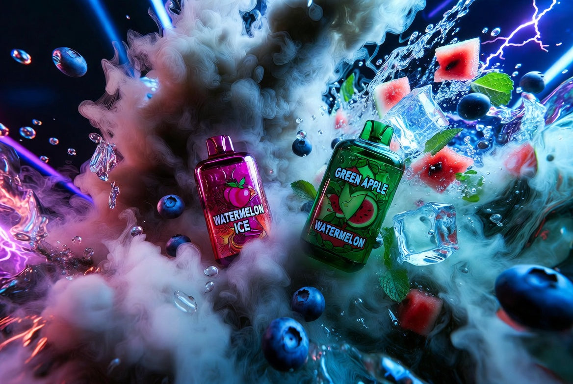 Two glossy vape devices stand amid swirling vapor, splashing water, and vivid neon lighting. The left bottle, labeled “Watermelon Ice,” glows in pink and purple tones surrounded by blueberries, ice cubes, and mist. The right bottle, “Green Apple Watermelon,” shines in green hues with watermelon cubes, mint leaves, and droplets frozen mid-air. The composition bursts with energy and freshness, combining electric color contrast and dynamic motion to evoke a cool, fruity atmosphere.