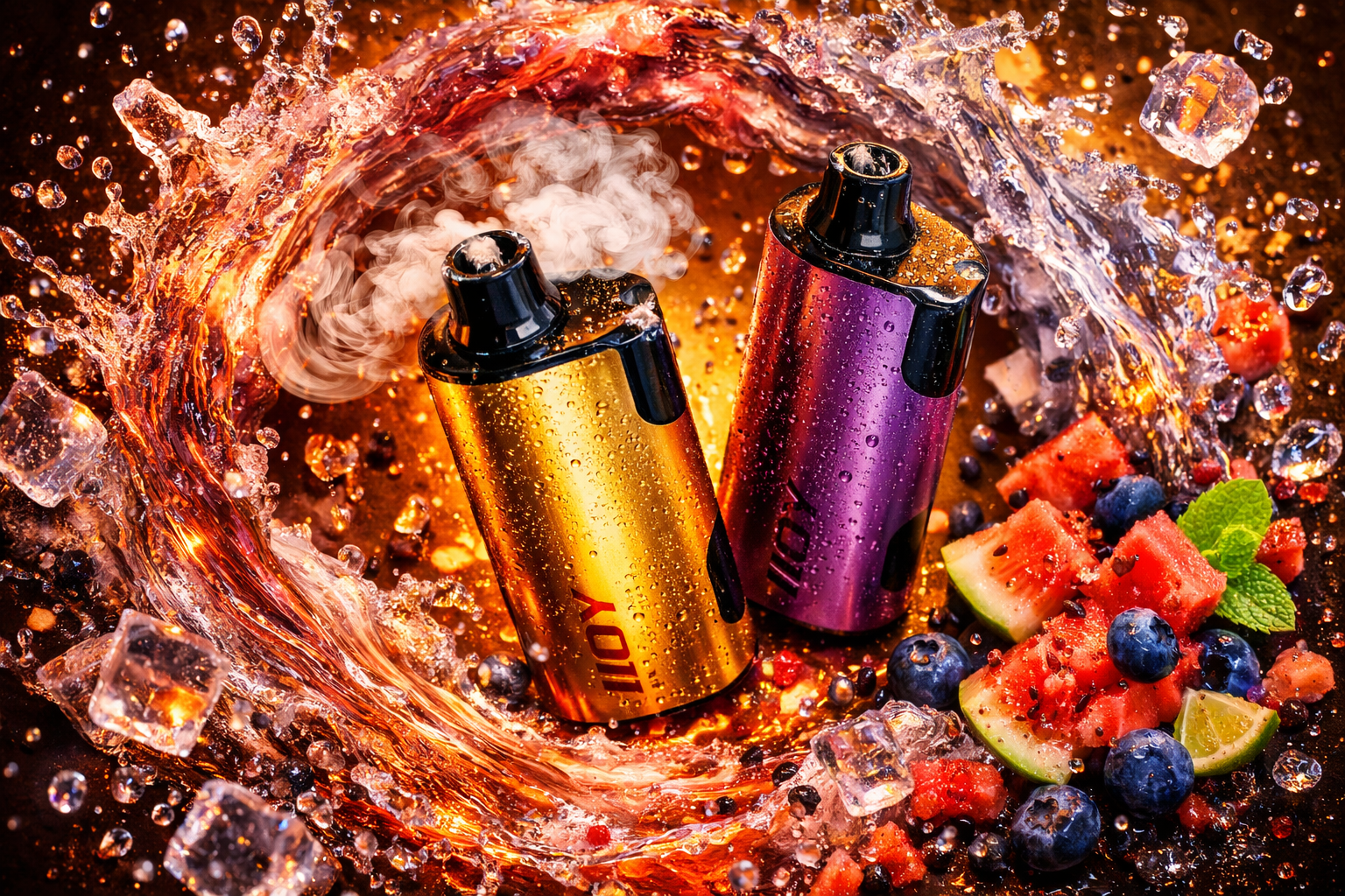 Two “LIOY” vape devices stand side by side amid swirling waves of vapor, water, and fruit. The left device glows in metallic gold tones, while the right one shines in deep purple, both covered with droplets and emitting light vapor from their tops. Around them are splashes of water, ice cubes, watermelon pieces, blueberries, lime slices, and mint leaves, creating a dynamic sense of freshness and flavor. The composition emphasizes energy, luxury, and modern design through vibrant color contrast and motion.