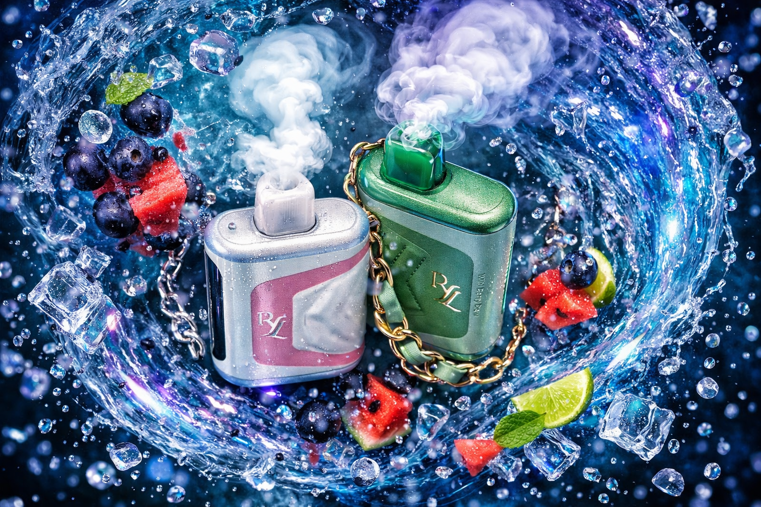 Two RL-branded disposable vape devices are photographed from above, connected by a decorative gold chain — one in a silver and pink quilted purse-inspired design and one in a metallic green leather-textured finish with a matching green mouthpiece. Both devices are set within a dramatic swirling vortex of water and ice cubes viewed from a top-down perspective, with scattered fruits including watermelon chunks, blueberries, and lime slices arranged naturally around them. Large vapor clouds rise from both mouthpieces, adding depth and motion to the overhead composition against a deep blue background. The bird's-eye angle combined with the luxury chain accessory and fashion-forward design elements reinforce the product's distinctive purse-inspired aesthetic and premium positioning.