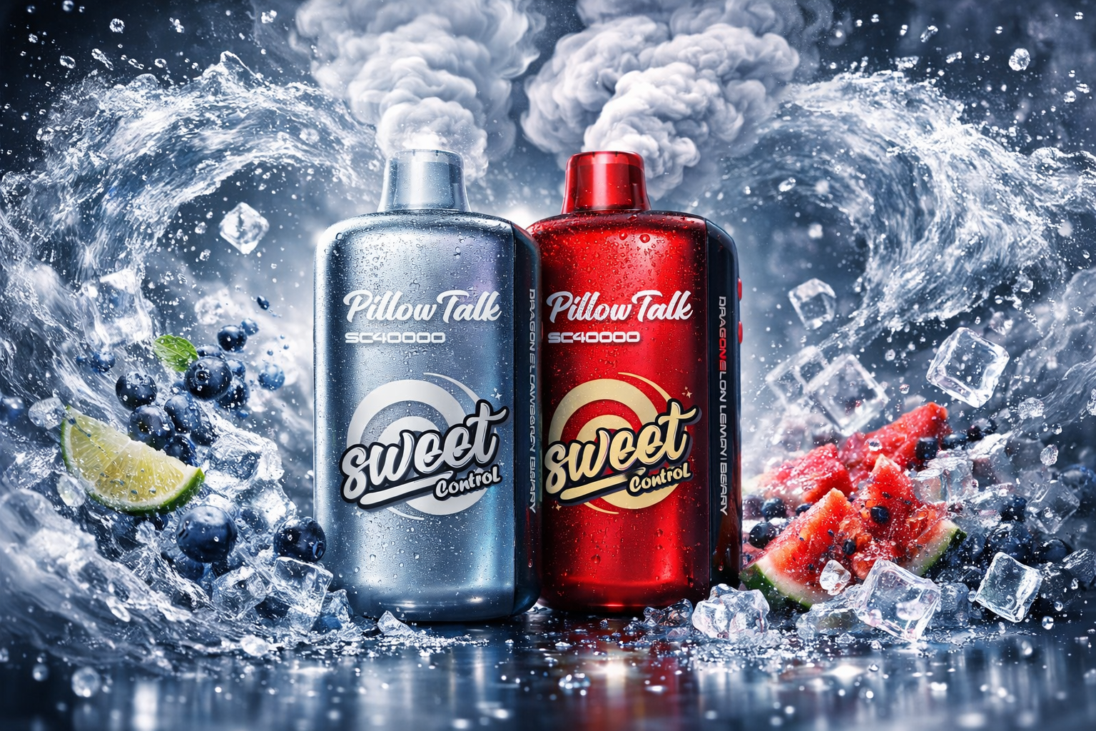 Two “Sweet Control Pillow Talk SC40000” vape devices stand side by side amid swirling waves of water, vapor, and fruit. The left device shines in metallic silver, while the right one glows in red, both covered with droplets and emitting thick clouds of vapor. Around them are ice cubes, blueberries, lime slices, mint leaves, and watermelon pieces, creating a dynamic sense of freshness and flavor. The composition emphasizes energy, contrast, and modern design through vibrant color and motion.