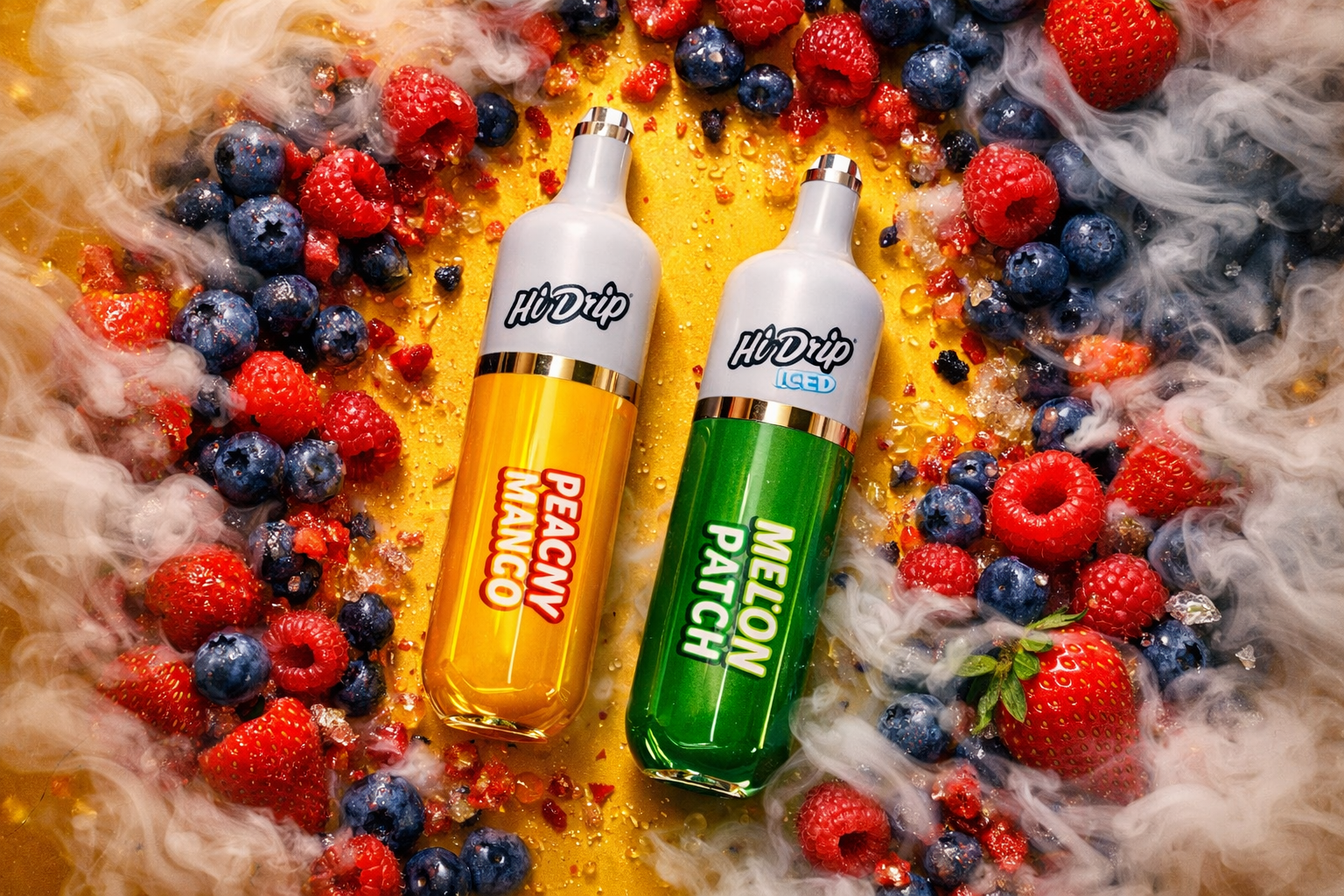 Two vape devices labeled “Hi Drip” lie side by side on a golden surface surrounded by fresh berries and swirling vapor. The left device, in bright orange, reads “Peachy Mango,” while the right one, in green, shows “Melon Patch Iced.” Around them are strawberries, raspberries, and blueberries glistening with droplets, creating a vivid and refreshing composition. The image combines warm and cool tones with misty effects to evoke fruity flavor and freshness.