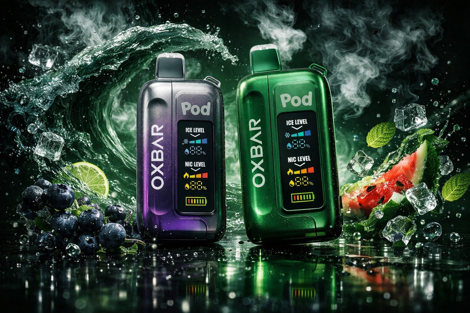 Two OXBAR Pod disposable vape devices photographed against a dark, moody background with swirling green-tinted water splashes and rising vapor clouds reflected on a wet surface. The left device features a sleek dark purple/black metallic finish, while the right showcases a vibrant emerald green finish, both displaying identical LCD screens showing Ice Level, Nic Level, and a multicolor battery indicator. Fresh blueberries and a lime wedge are placed beside the left device, while watermelon slices, mint leaves, and ice cubes accompany the right, hinting at distinct flavor profiles for each variant. The dark, atmospheric setting with dramatic lighting and reflections creates a sophisticated, premium aesthetic that contrasts with the vibrant fruit garnishes.