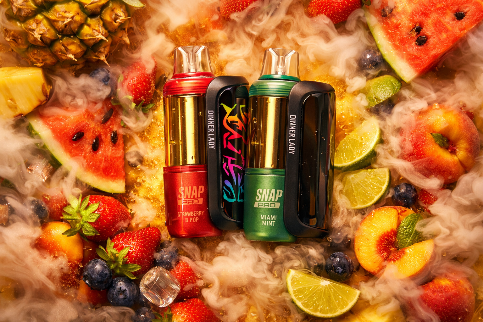 Two Dinner Lady SNAP Pro vape devices stand amid a vivid arrangement of tropical fruits and swirling vapor. The red “Strawberry B Pop” and green “Miami Mint” flavors shine against a backdrop of watermelon, pineapple, lime, peaches, strawberries, and blueberries. Mist and golden light create a warm, exotic atmosphere that evokes freshness and luxury. The composition highlights the sleek metallic design and vibrant flavor identity of the products.