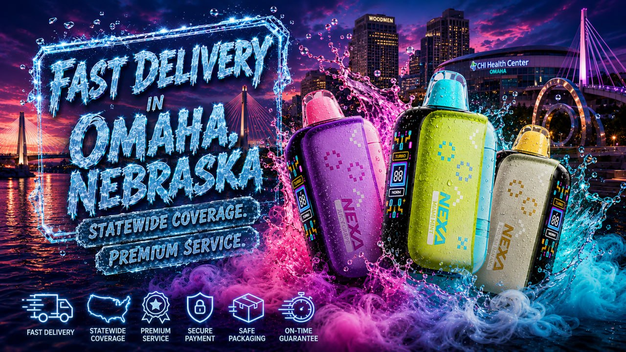 Three colorful NEXA devices are highlighted against the Omaha skyline at dusk. Splashes of water and mist surround the products, symbolizing freshness and energy. Bold text emphasizes fast delivery, statewide coverage, and premium service in Nebraska.