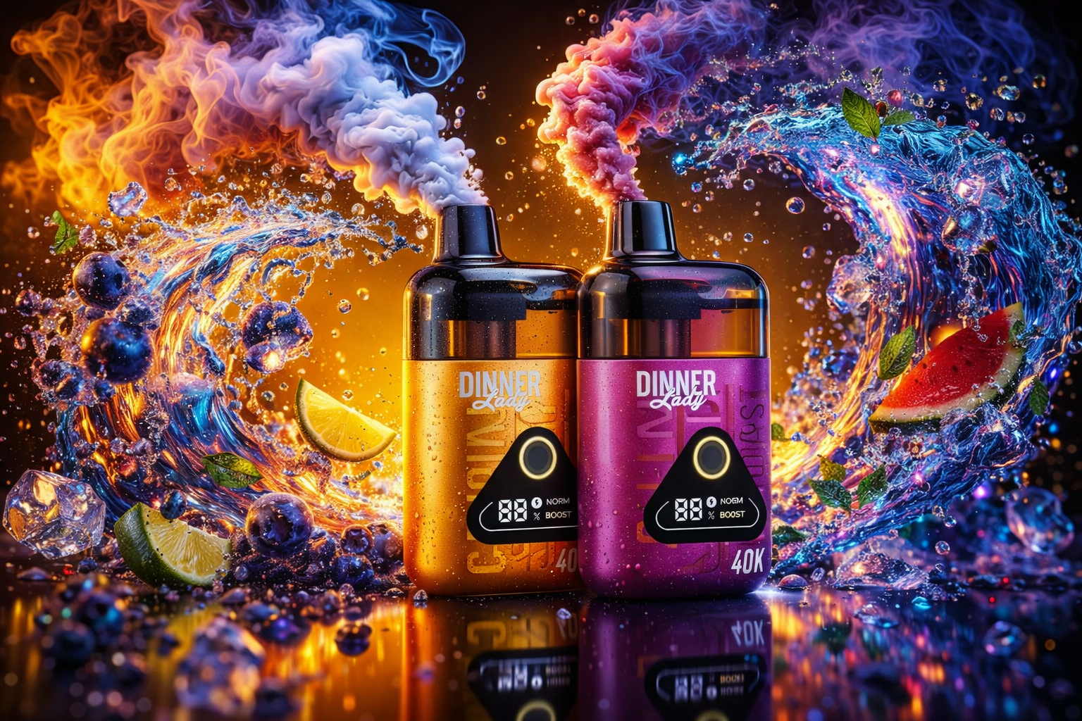 Two “Dinner Lady” vape devices stand side by side amid swirling waves of vapor, water, and fruit. The left device glows in golden-orange tones with blueberries, lime slices, mint leaves, and ice cubes around it, while the right one shines in magenta hues surrounded by watermelon pieces and cool splashes. Both emit thick clouds of vapor against a fiery orange background, featuring digital displays that read “00% NORM BOOST.” The composition conveys freshness, flavor, and energy through dynamic lighting and vibrant color contrast.