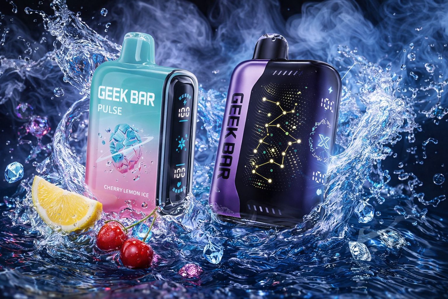 The image shows two vape devices partially submerged in splashing water, surrounded by ice‑like elements, a lemon wedge, and two cherries. The left device features a bright gradient design labeled “Geek Bar Pulse,” while the right one has a dark purple look with constellation‑style lighting. Both devices display digital interface elements that enhance their modern, tech‑driven appearance. The dynamic water motion and vivid colors create a refreshing, energetic atmosphere.