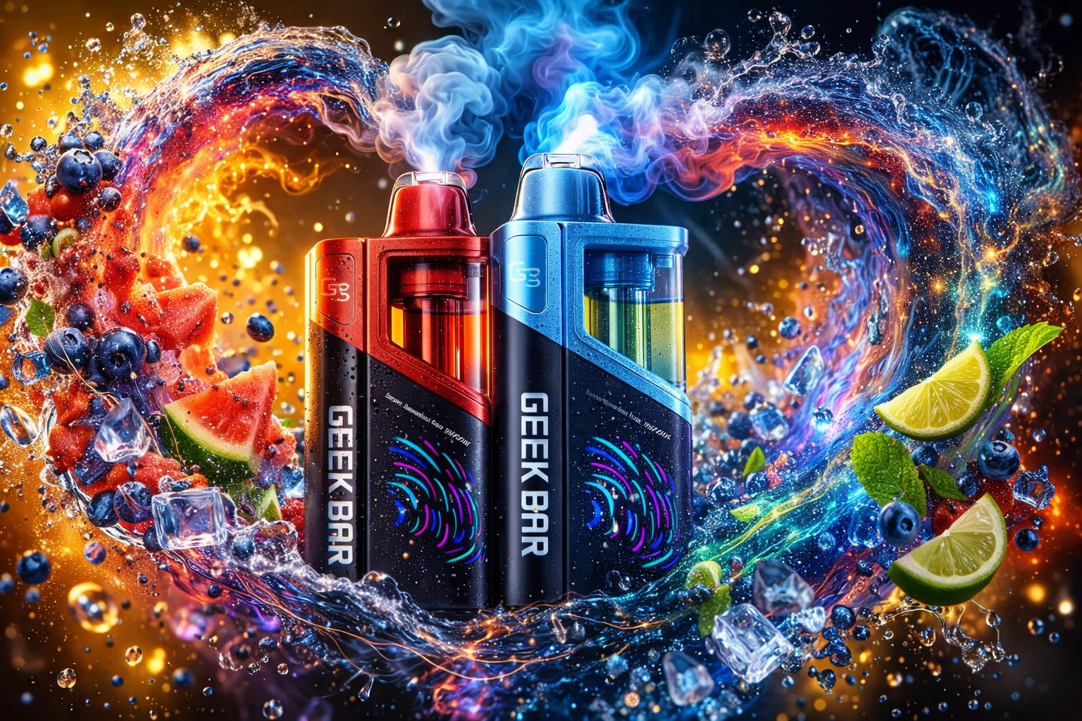 A dynamic product advertisement for two Geek Bar vape pod devices displayed side by side — one in red and black, the other in blue and black — each featuring a visible liquid tank and colorful wave graphic on the body. Swirling streams of fire and ice surround the devices, with warm golden flames on the left contrasting against cool electric-blue water splashes on the right. Fresh fruits including watermelon chunks, blueberries, and lime wedges are scattered throughout the composition alongside ice cubes and mint leaves. The striking fire-versus-ice visual theme emphasizes the contrast between two distinct flavor profiles.