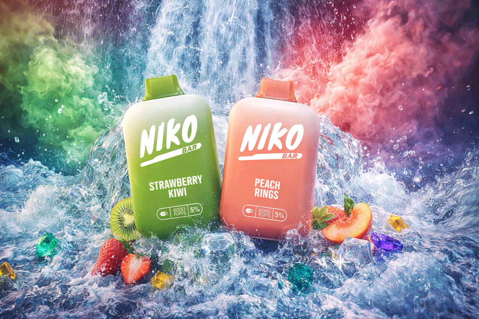 The image shows two colorful vape devices labeled “NIKO BAR” surrounded by splashing water, fruit pieces, and gem‑like decorations. The green device is marked “Strawberry Kiwi,” while the peach‑colored one displays “Peach Rings,” both with icons indicating “6000 puffs” and “5%.” A waterfall and colored mist in the background create a vibrant, energetic atmosphere. The overall scene emphasizes fruity flavors and a bold, eye‑catching design.